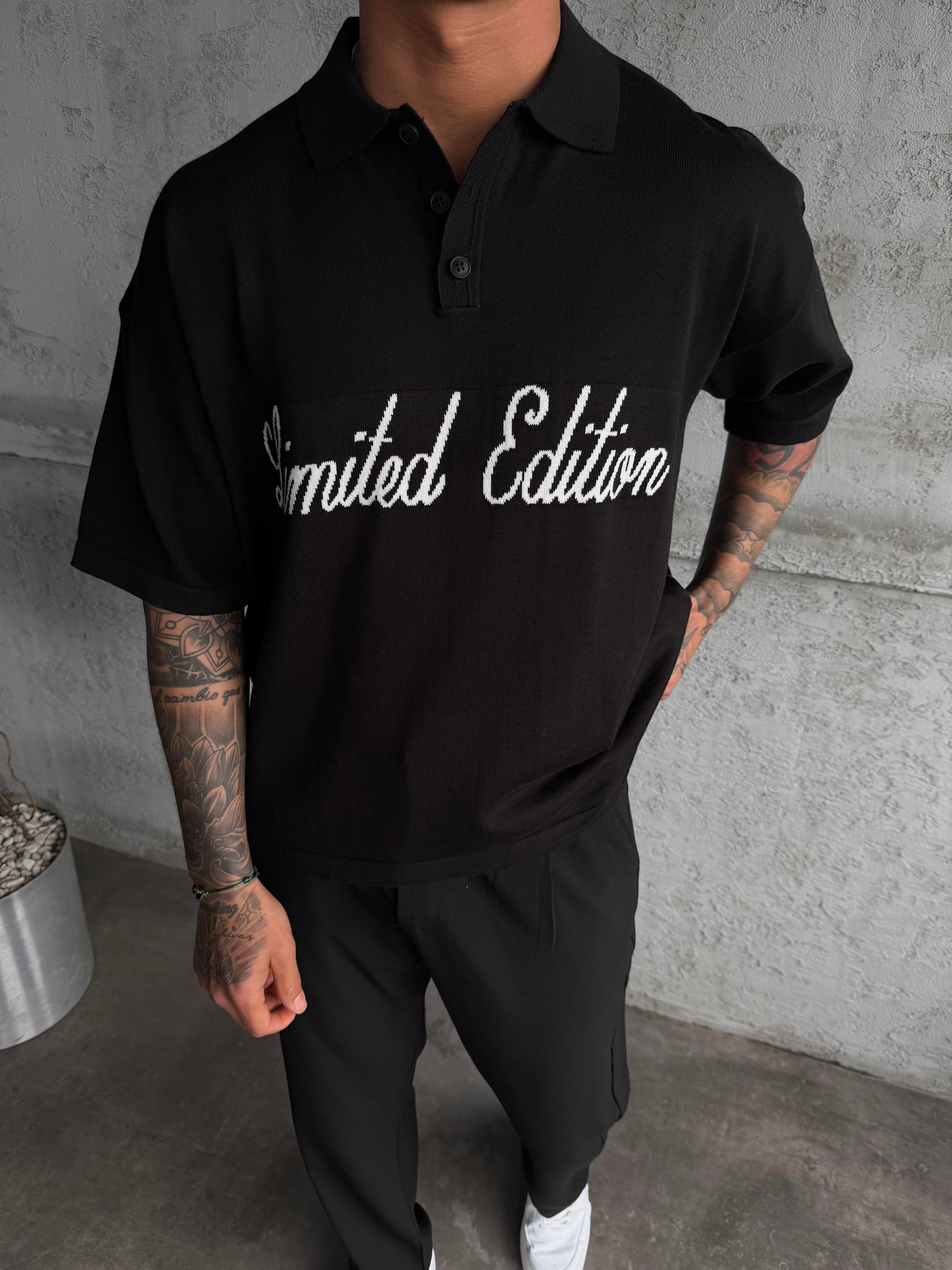 Siyah Limited Edition Yazılı Polo Yaka T-shirt