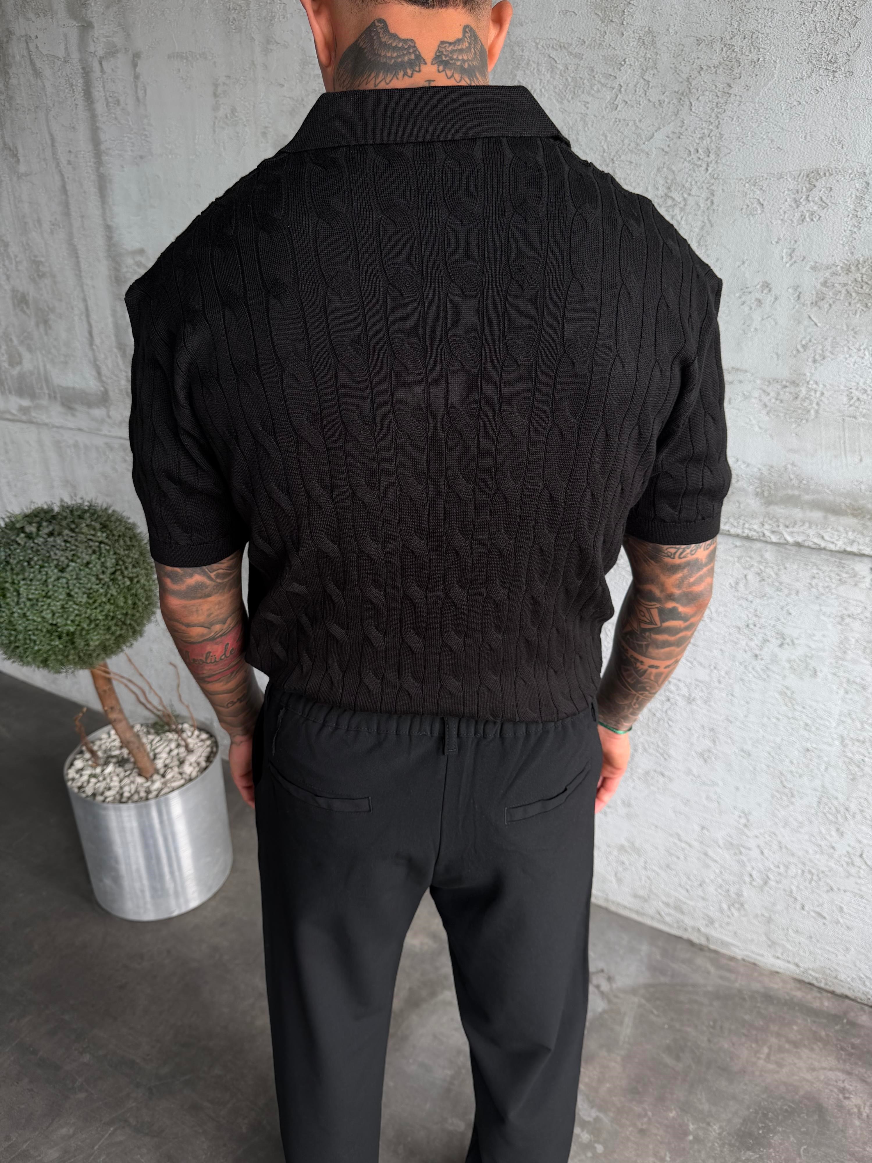 Siyah Örgü Desenli Polo Yaka Triko T-Shirt