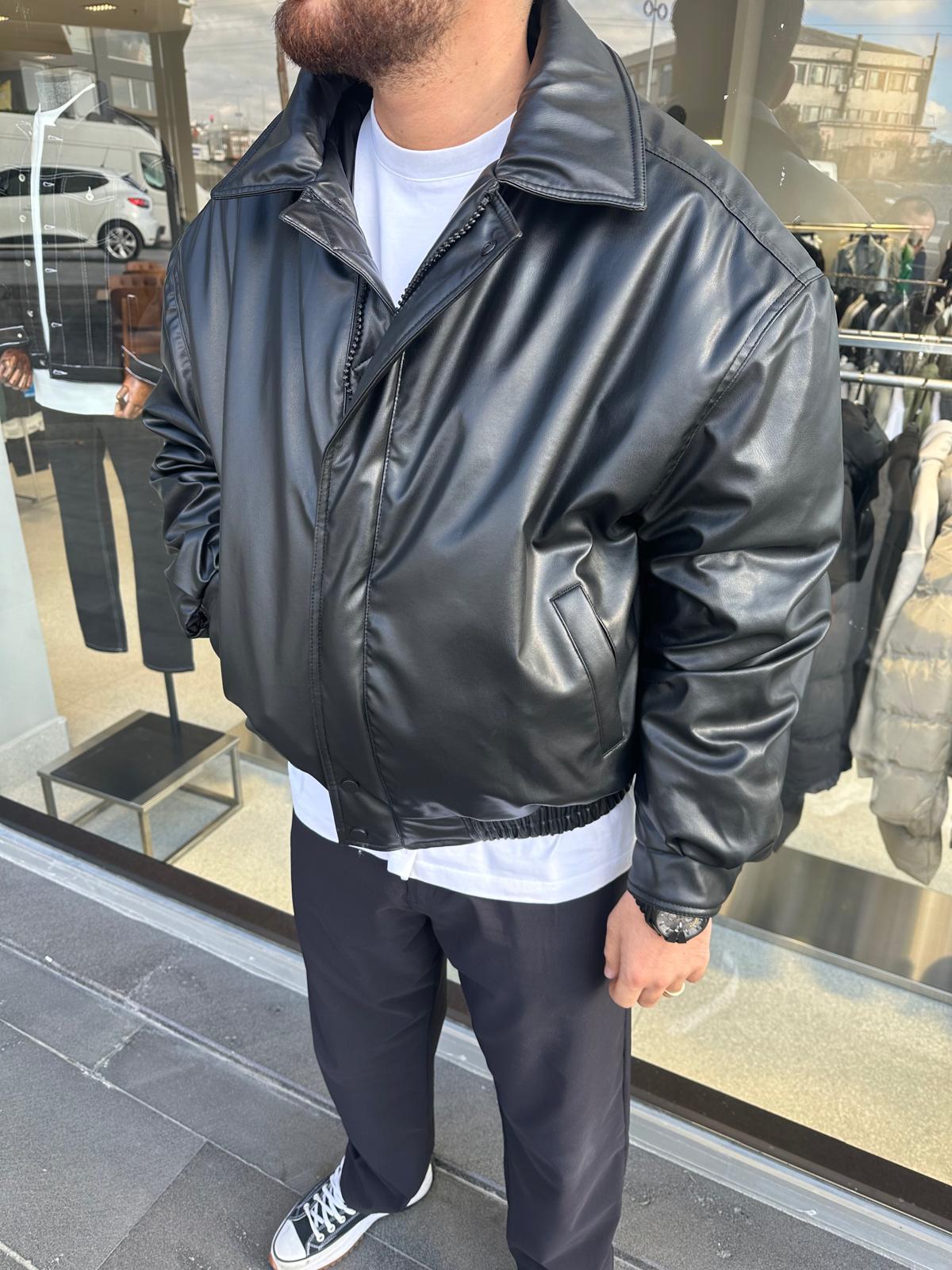 Siyah Oversize Şişme Deri Mont