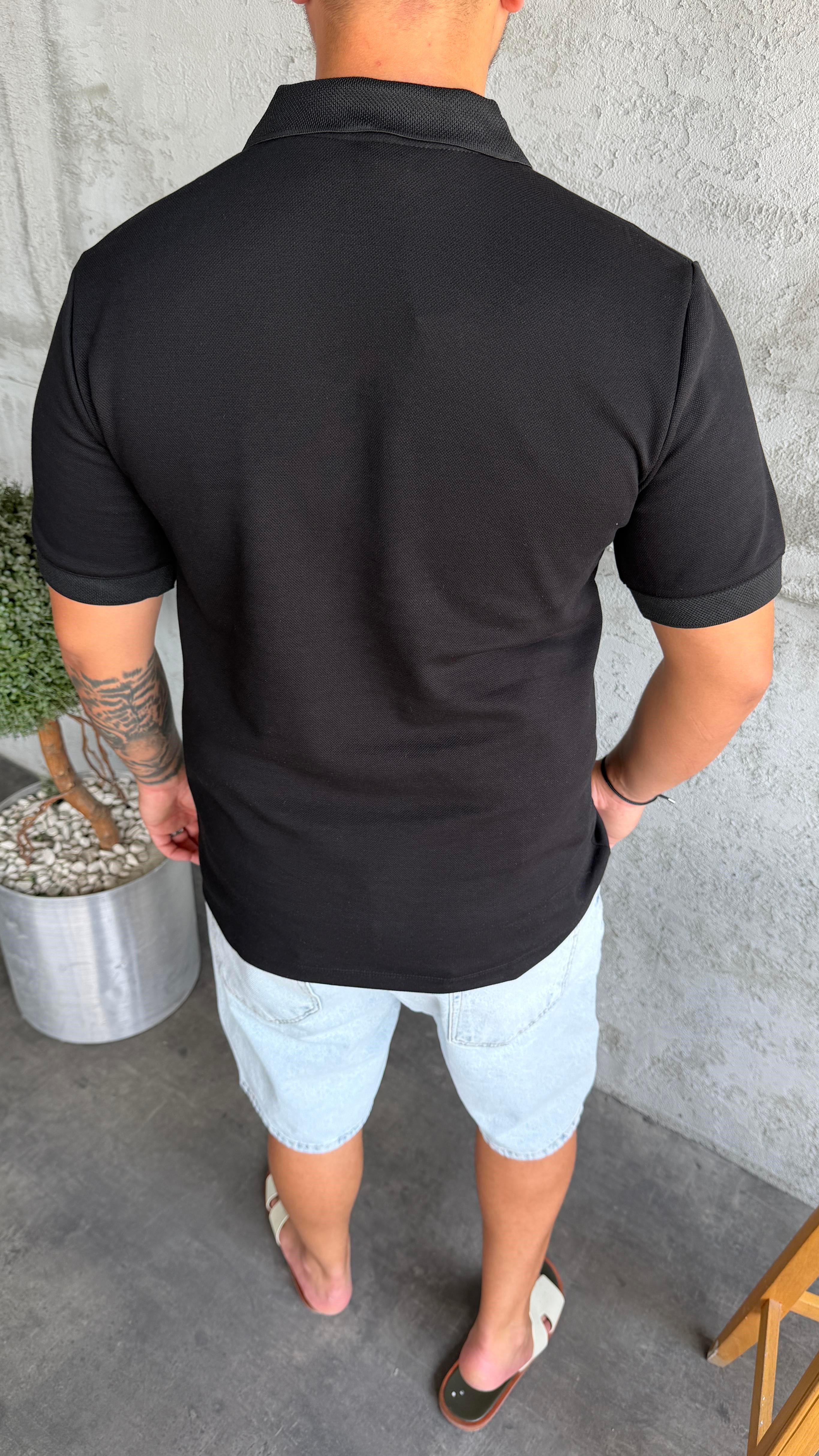 Siyah Pike Kumaş Polo Yaka T-Shirt