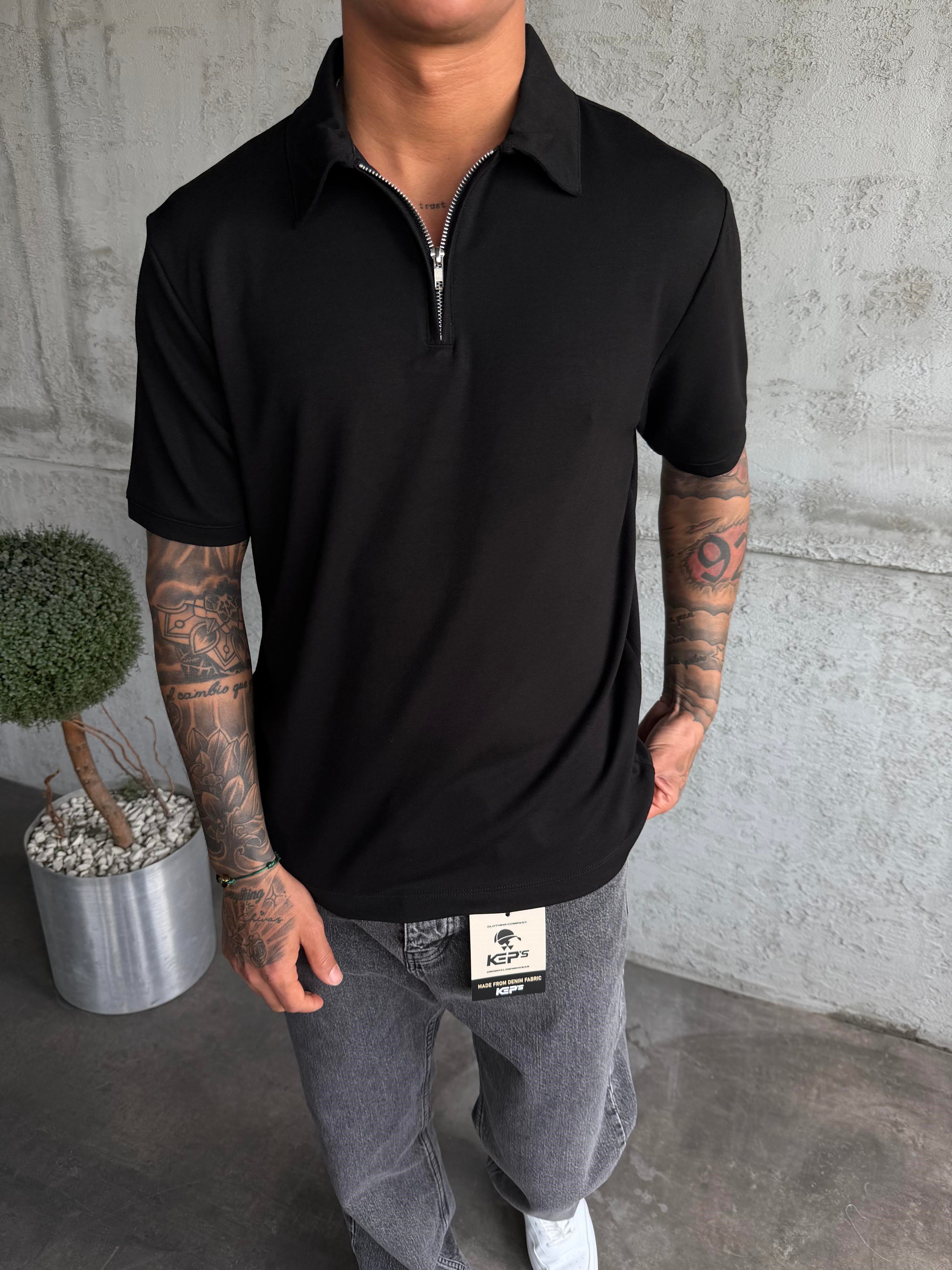 Siyah Polo Yaka Basic T-Shirt