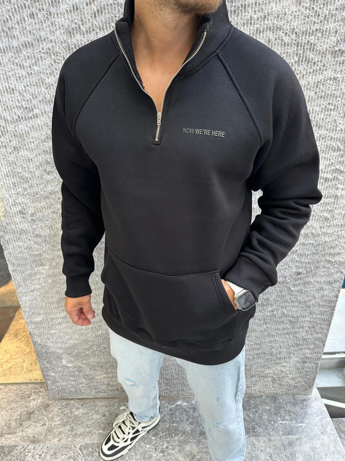 Siyah Reglan Kol 3 İplik Şardonlu Sweatshirt