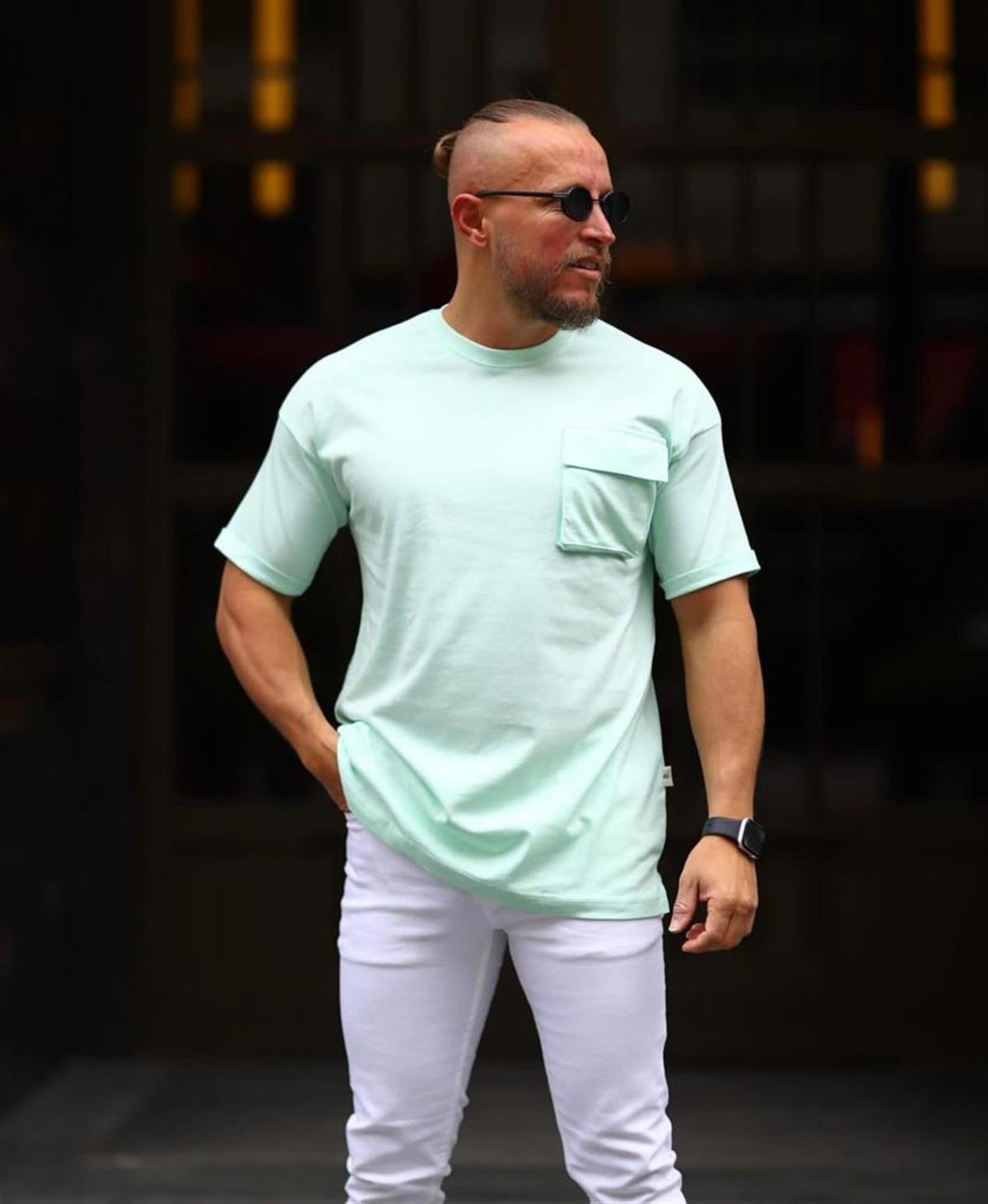 Su Yeşili Cep Detaylı Oversize T-Shirt