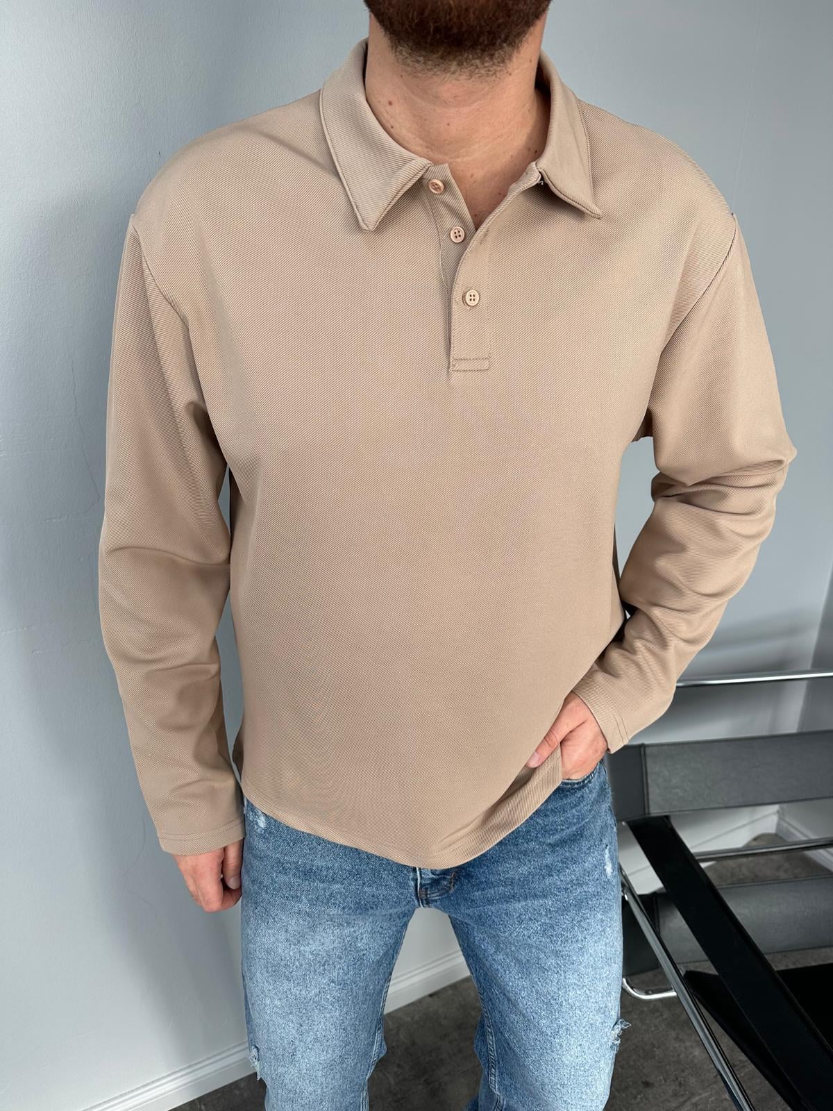 Taba Polo Yaka Düğmeli Sweatshirt