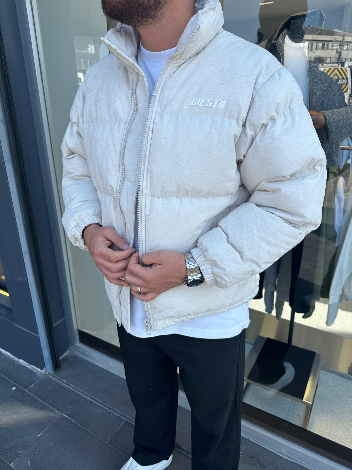 Taş Rengi Oversize Flok Baskı Şişme Mont