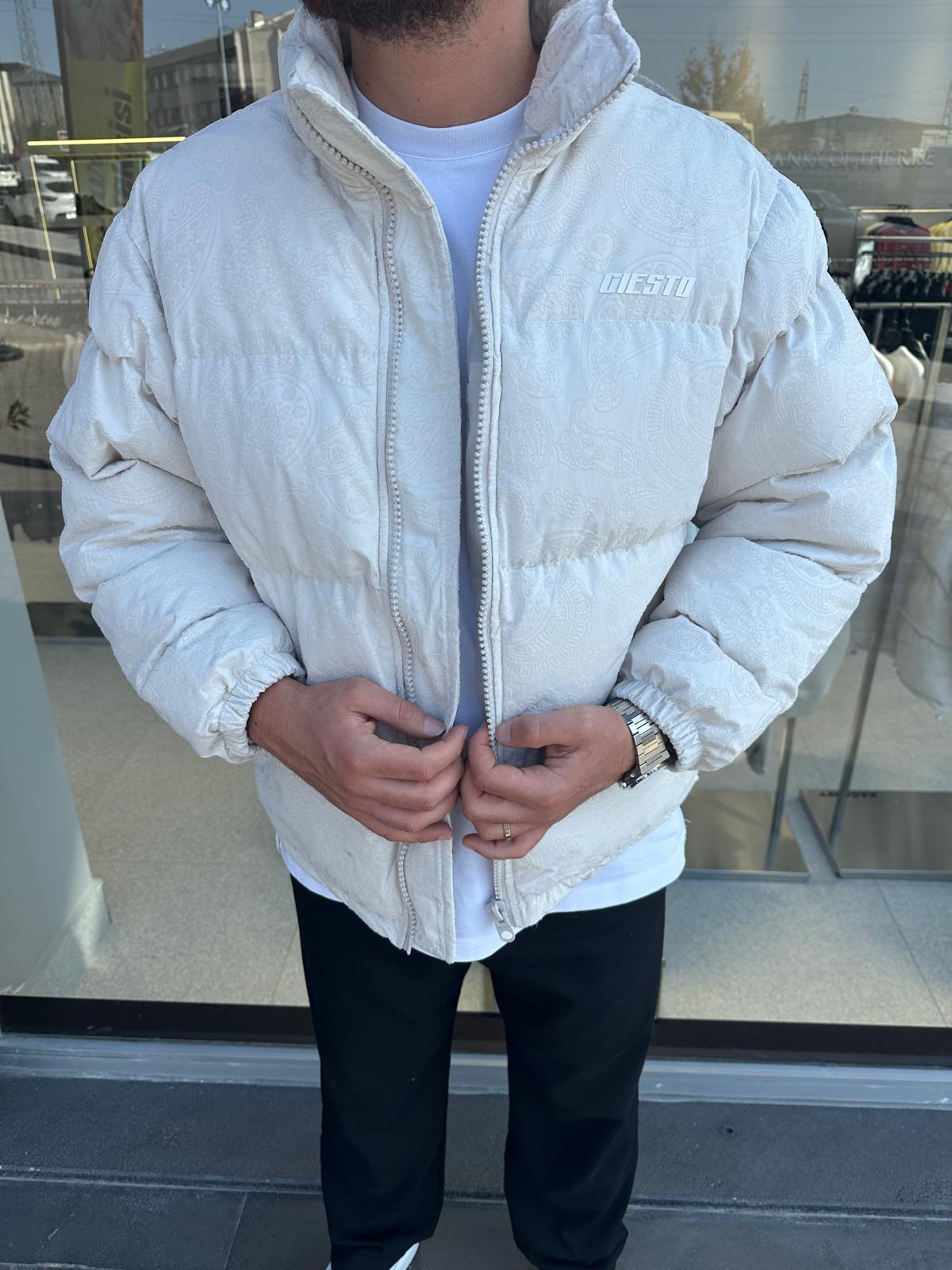 Taş Rengi Oversize Flok Baskı Şişme Mont