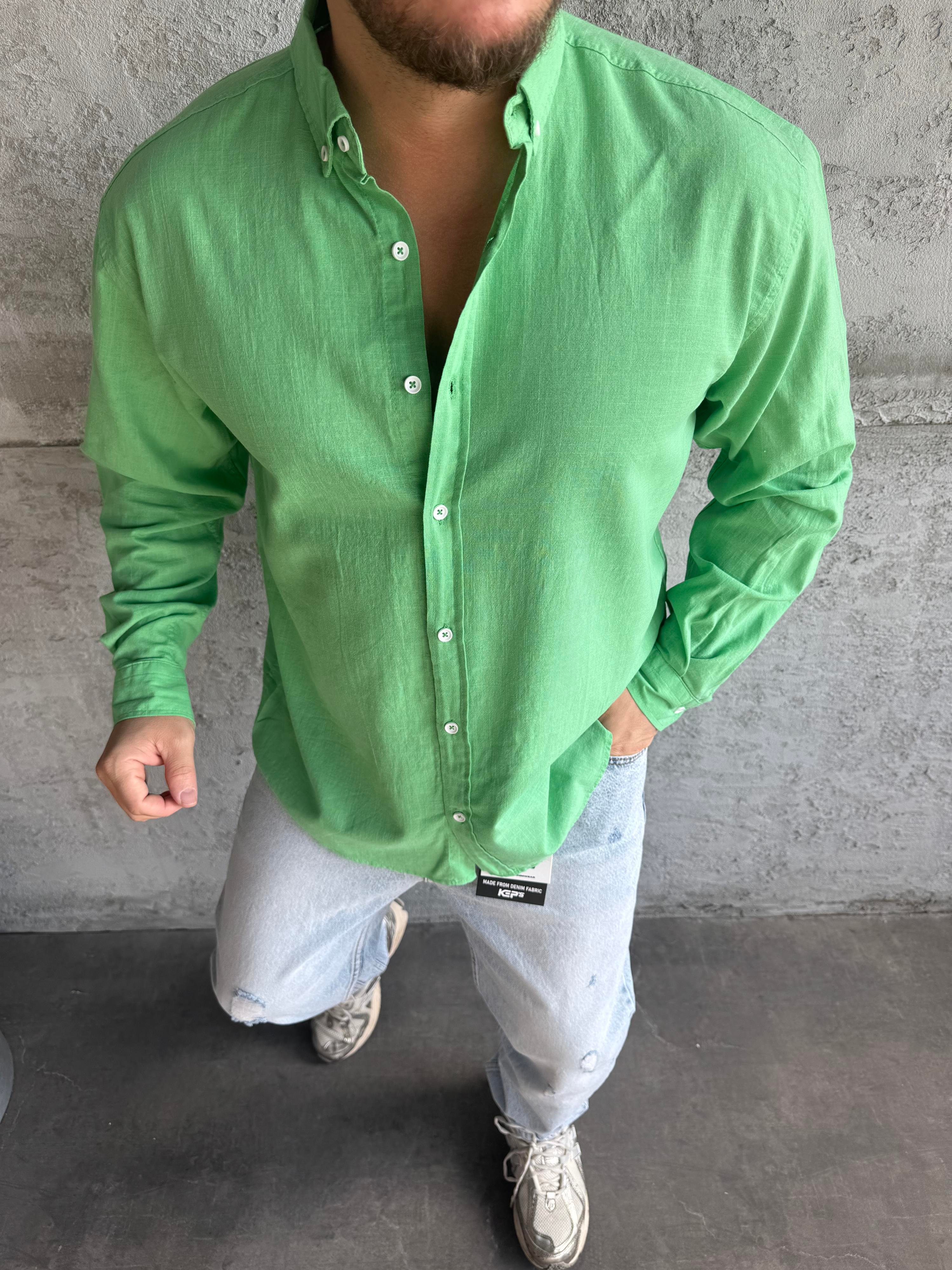 Yeşil Fresh Keten Basic Gömlek