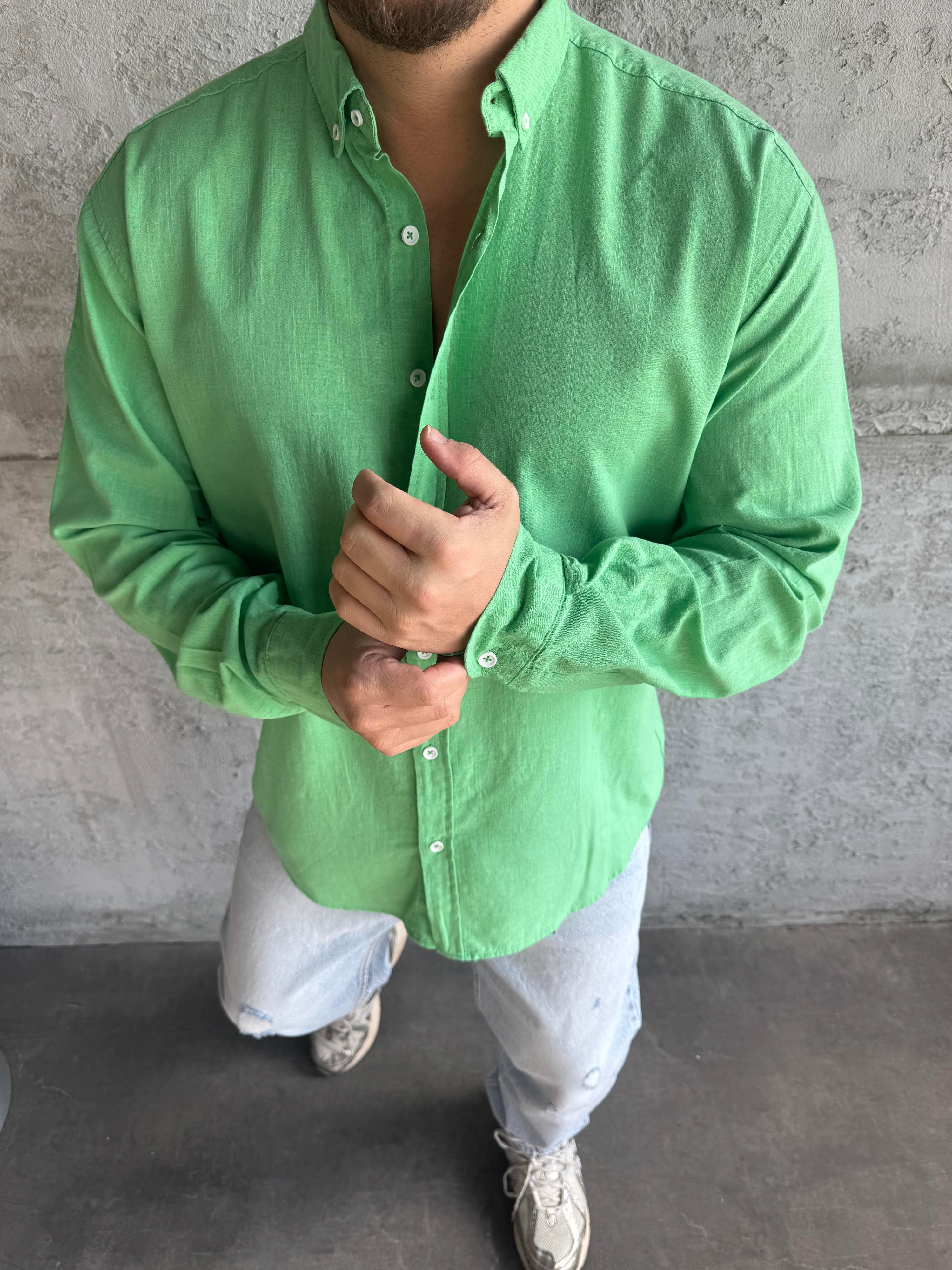 Yeşil Fresh Keten Basic Gömlek