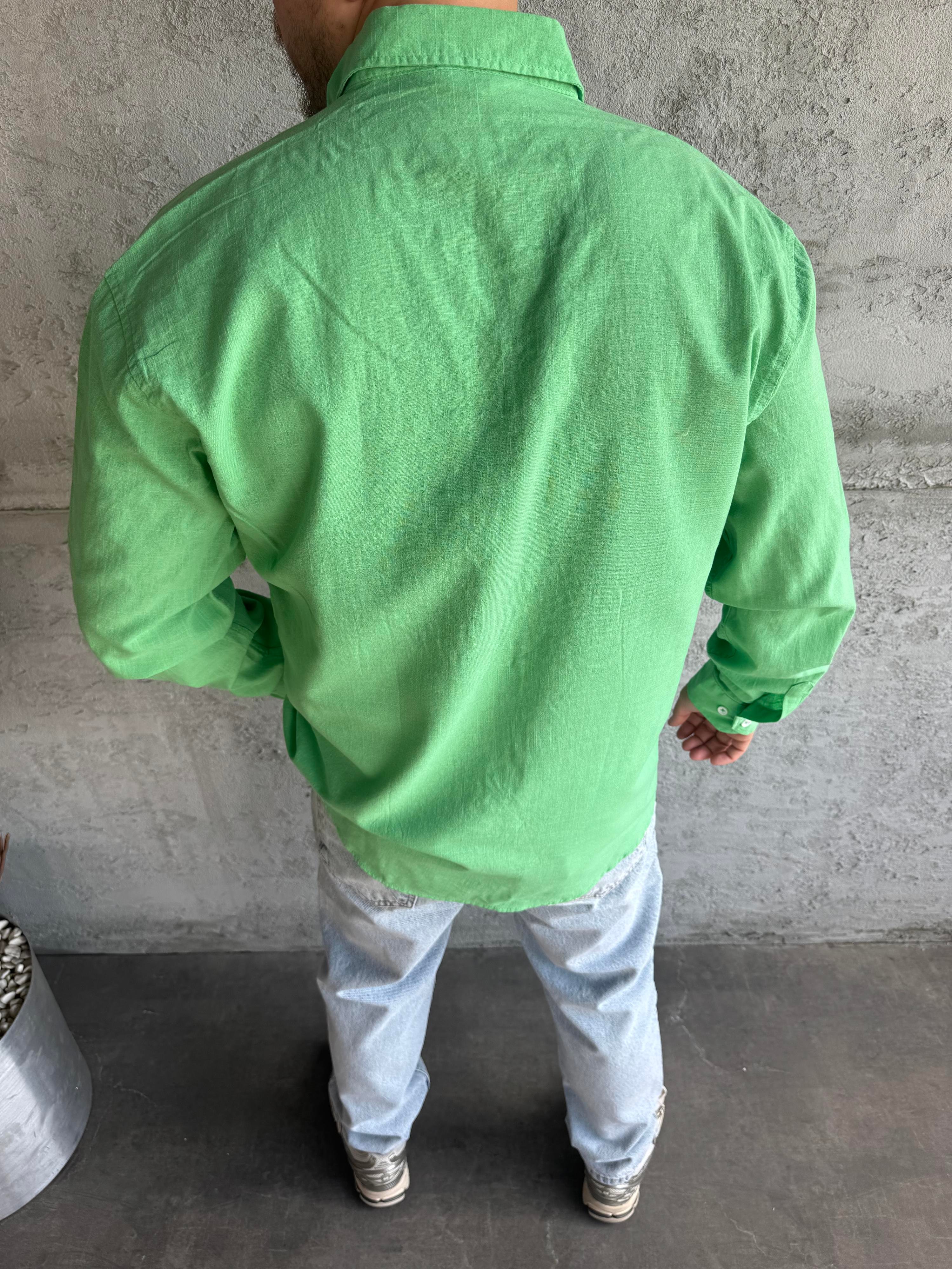 Yeşil Fresh Keten Basic Gömlek