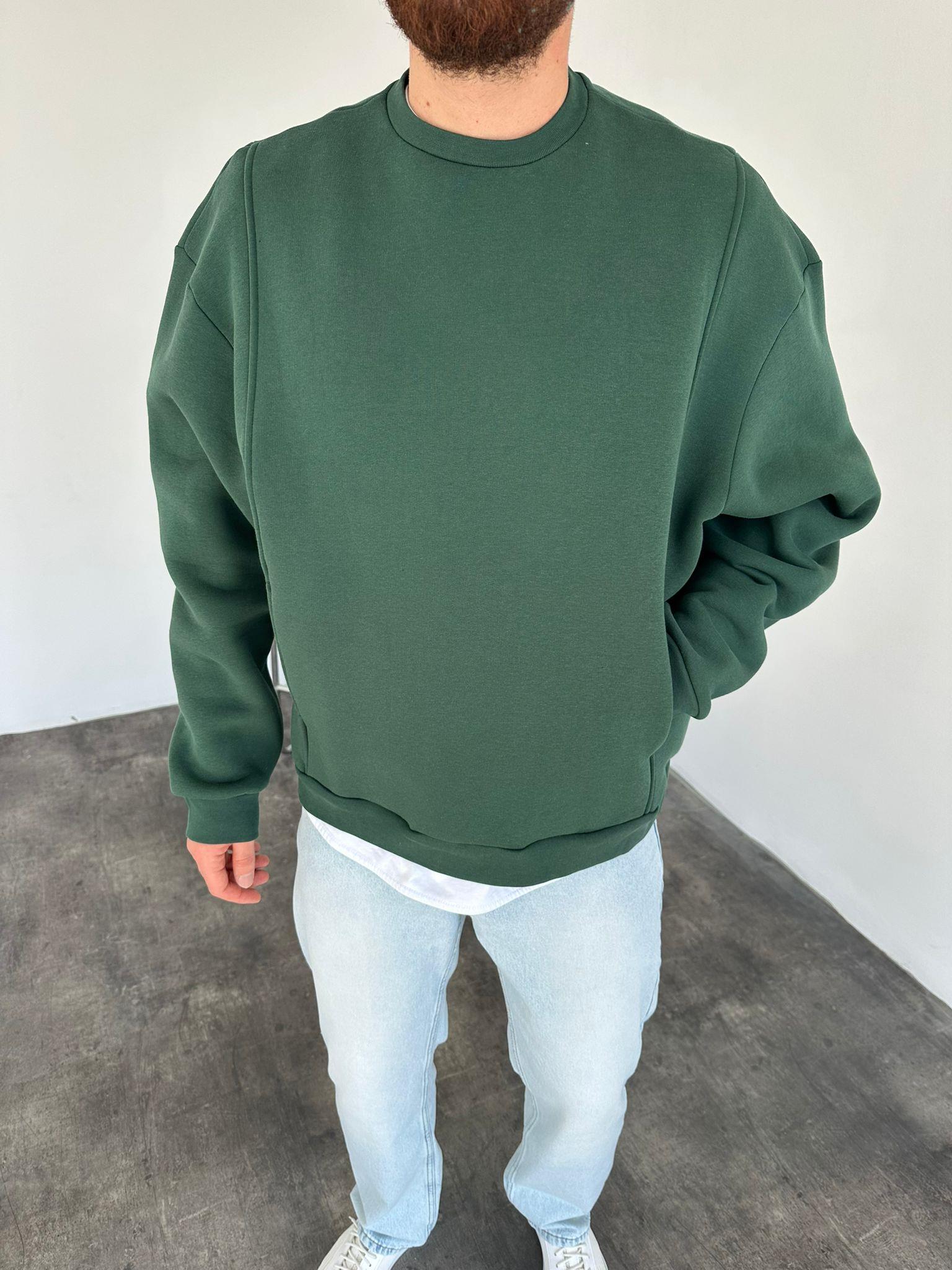 Yeşil Kanguru Cep Basit Sweatshirt