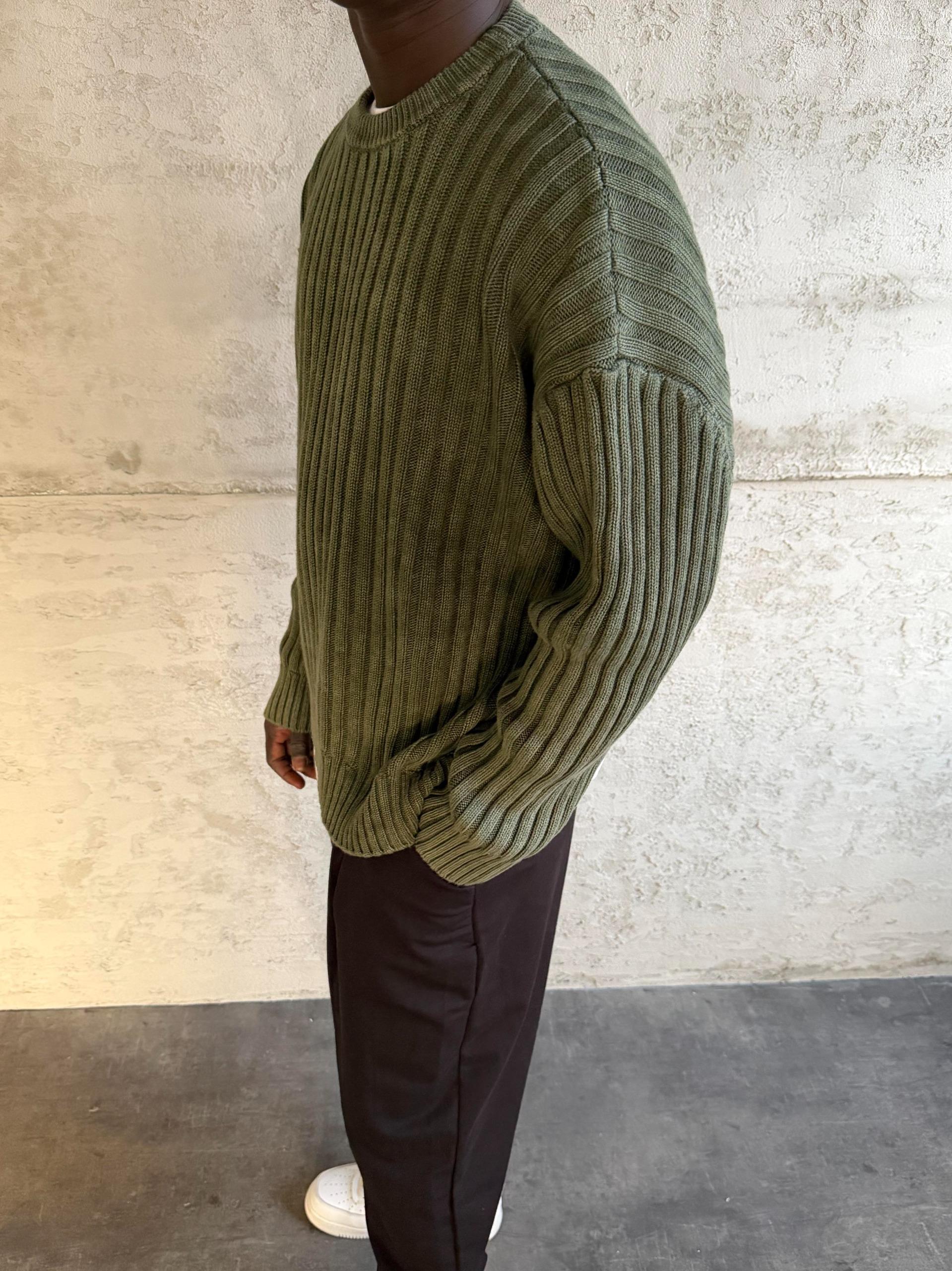 Yeşil Yıkamalı Örme Triko Kazak