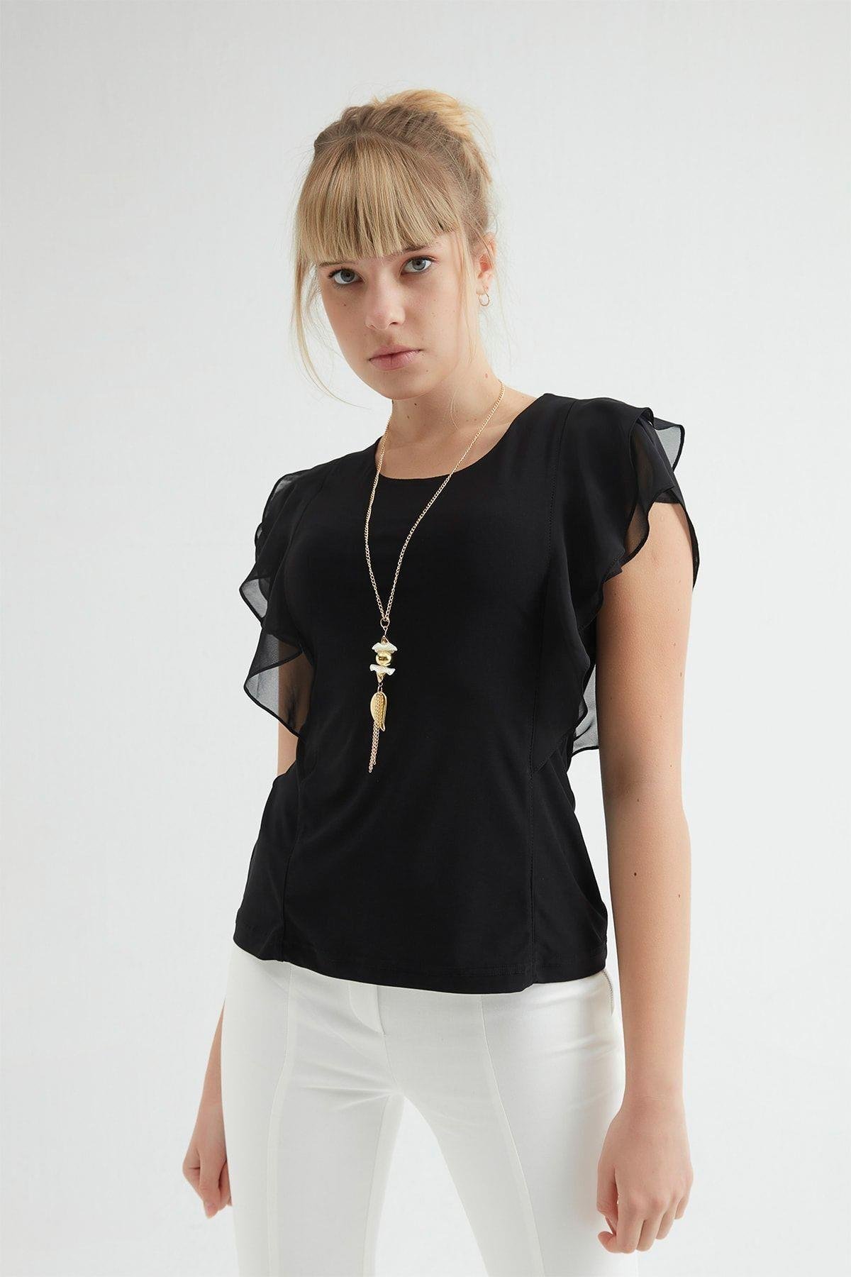 Kadın Siyah Kolyeli Şifon Bluz