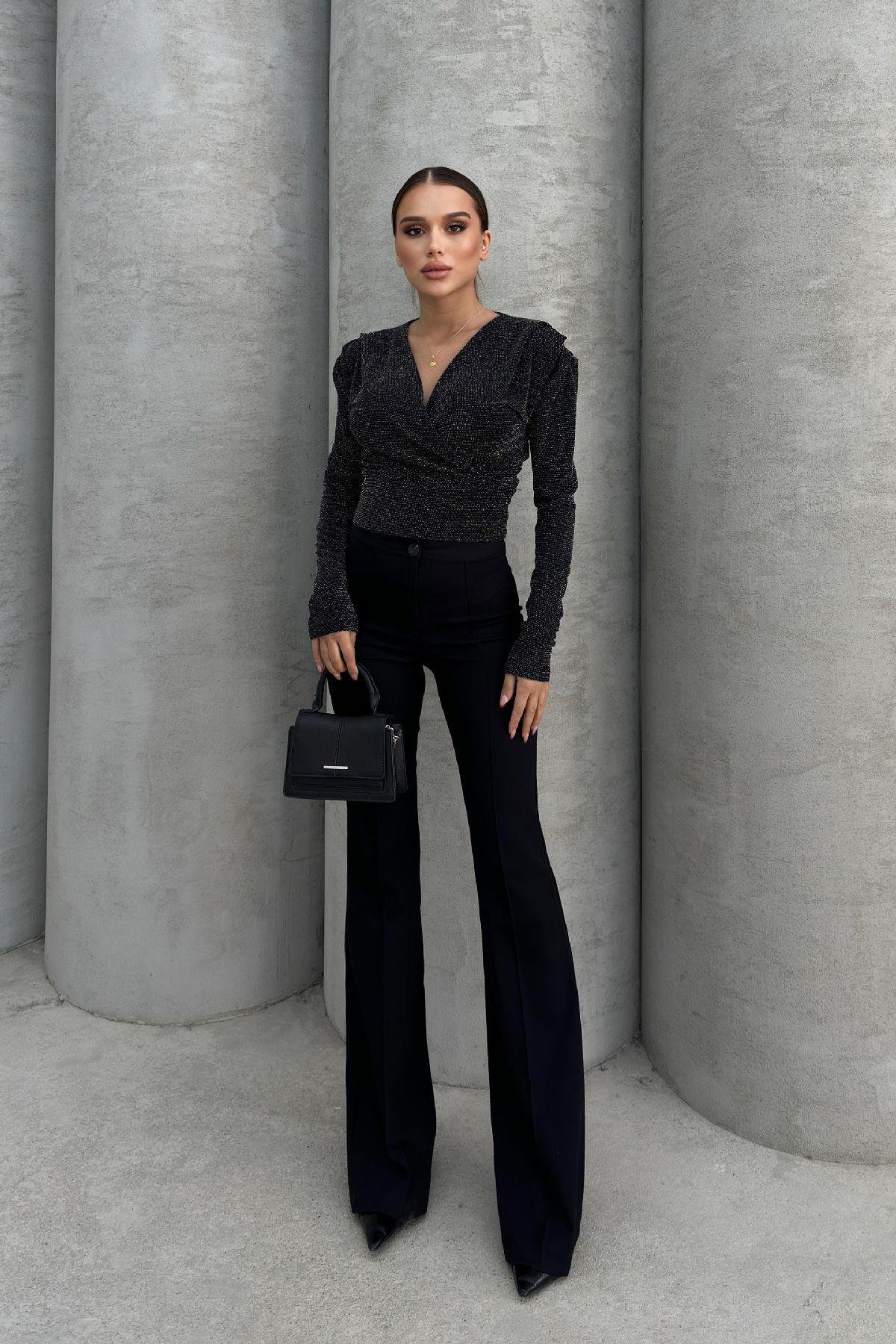 Kadın Simli Kruvaze Yaka Bluz