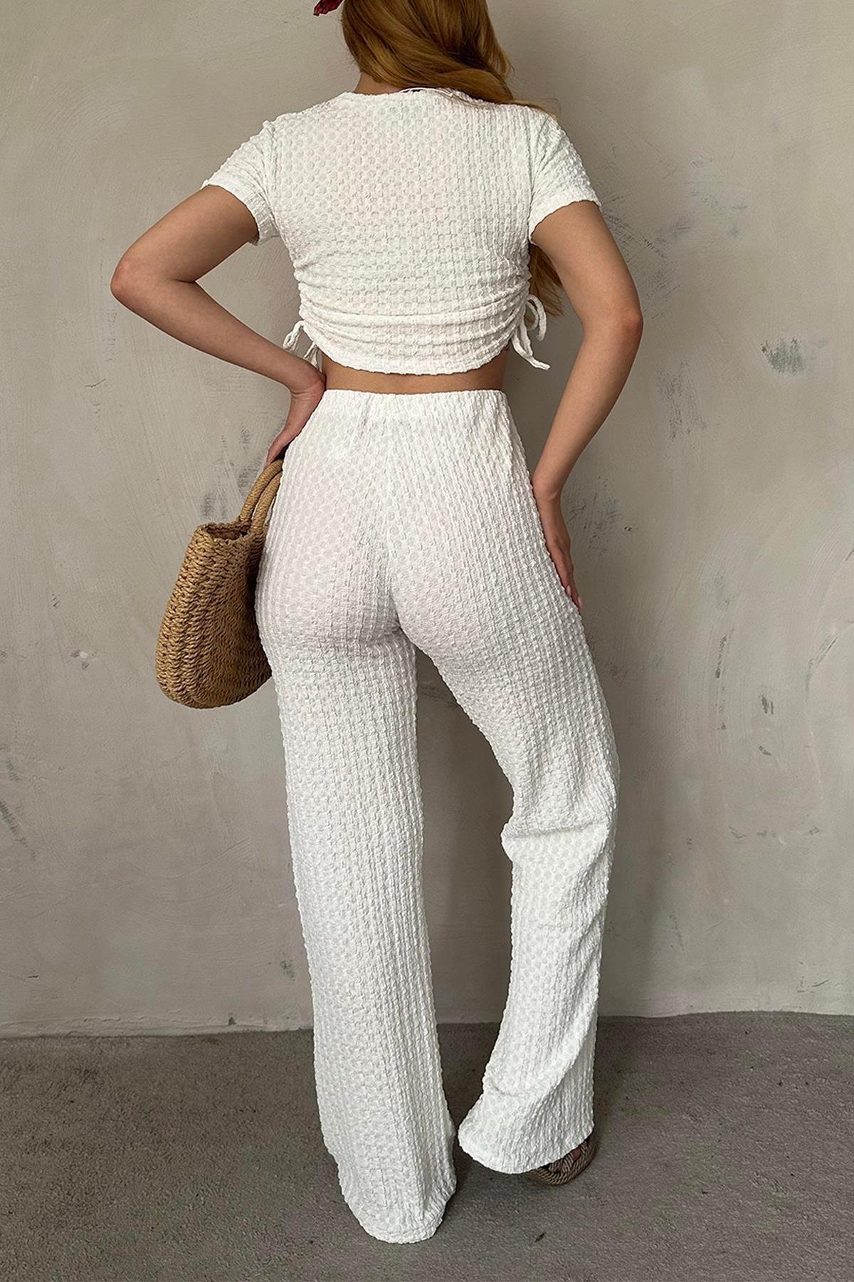 Gofreli Crop Asimetrik Kesim Triko Takım Ekru