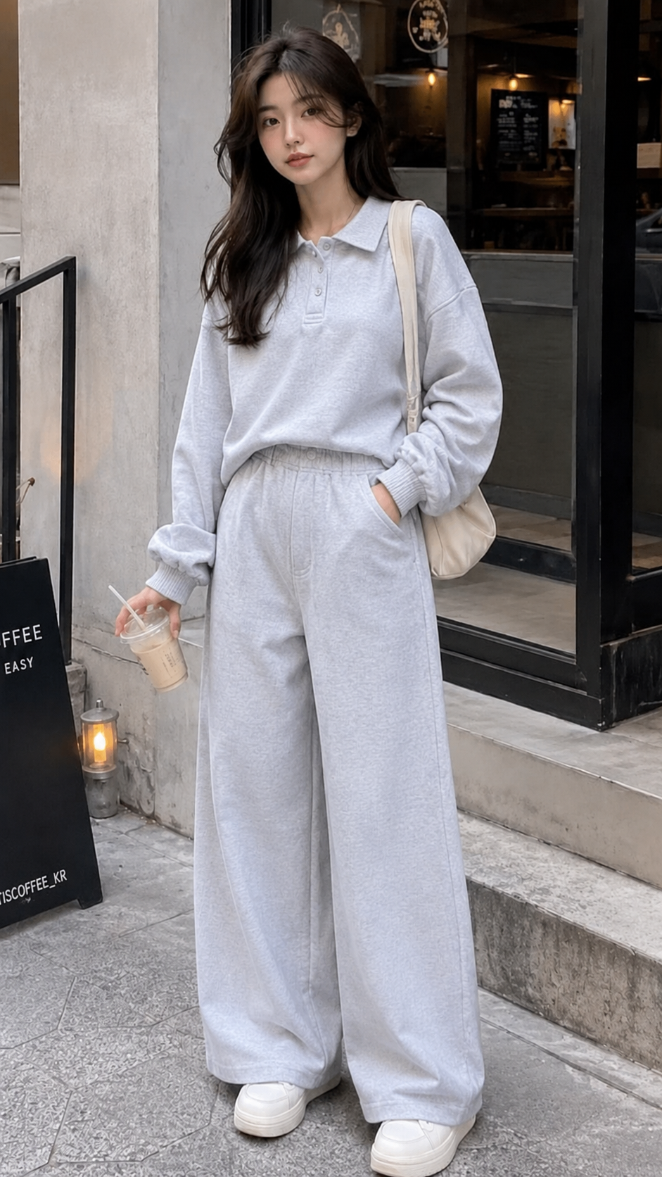 Kadın Gri Polo Yaka Oversize Sweatshirt Geniş Paça Eşofman Altı İkili Takım
