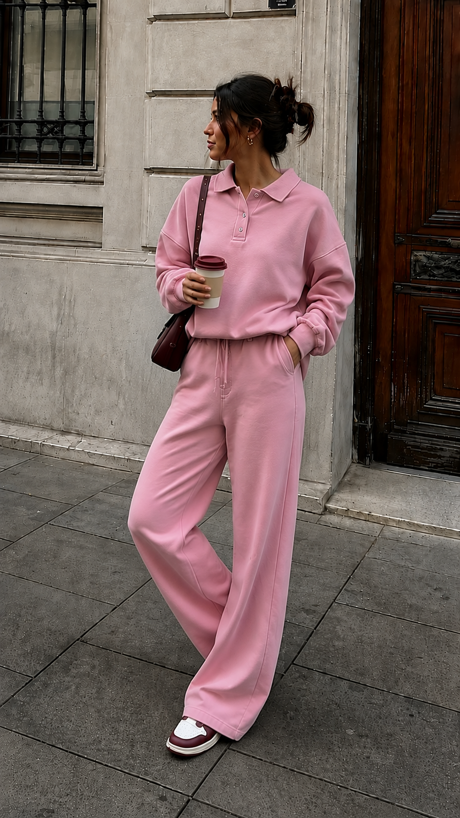 Kadın Pembe Polo Yaka Oversize Sweatshirt Geniş Paça Eşofman Altı İkili Takım