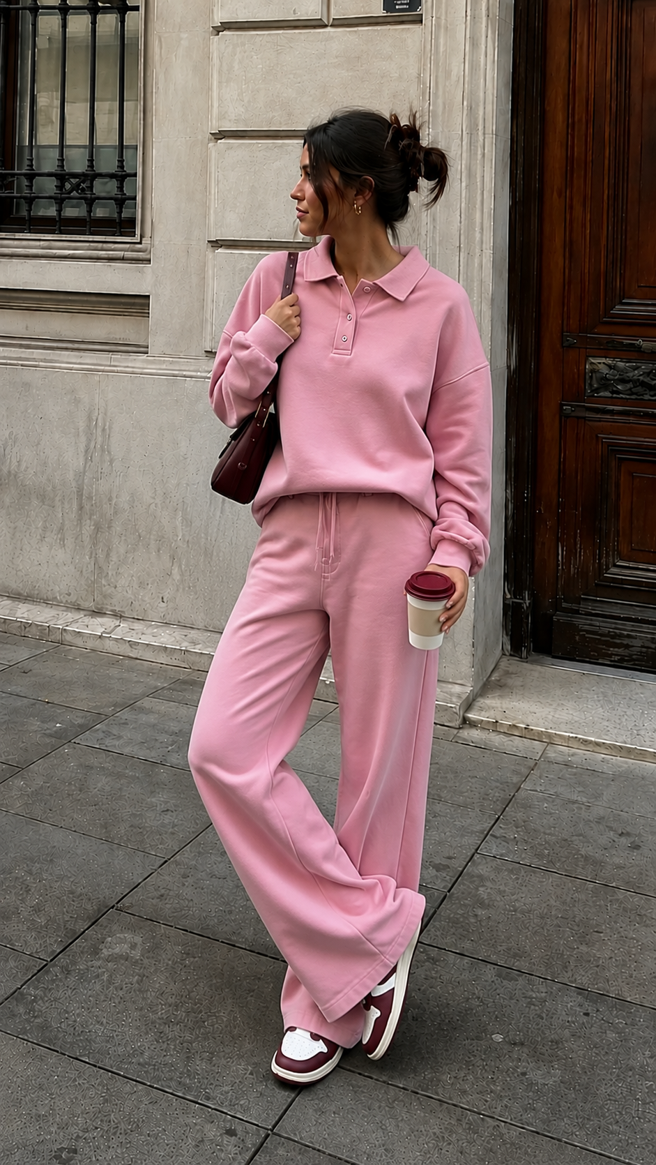 Kadın Pembe Polo Yaka Oversize Sweatshirt Geniş Paça Eşofman Altı İkili Takım