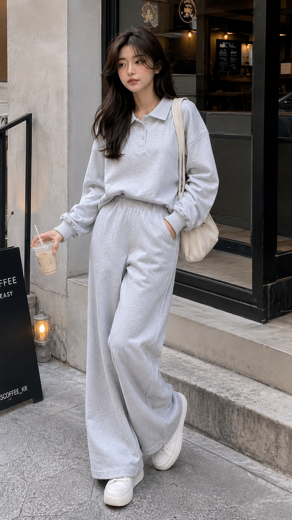Kadın Gri Polo Yaka Oversize Sweatshirt Geniş Paça Eşofman Altı İkili Takım
