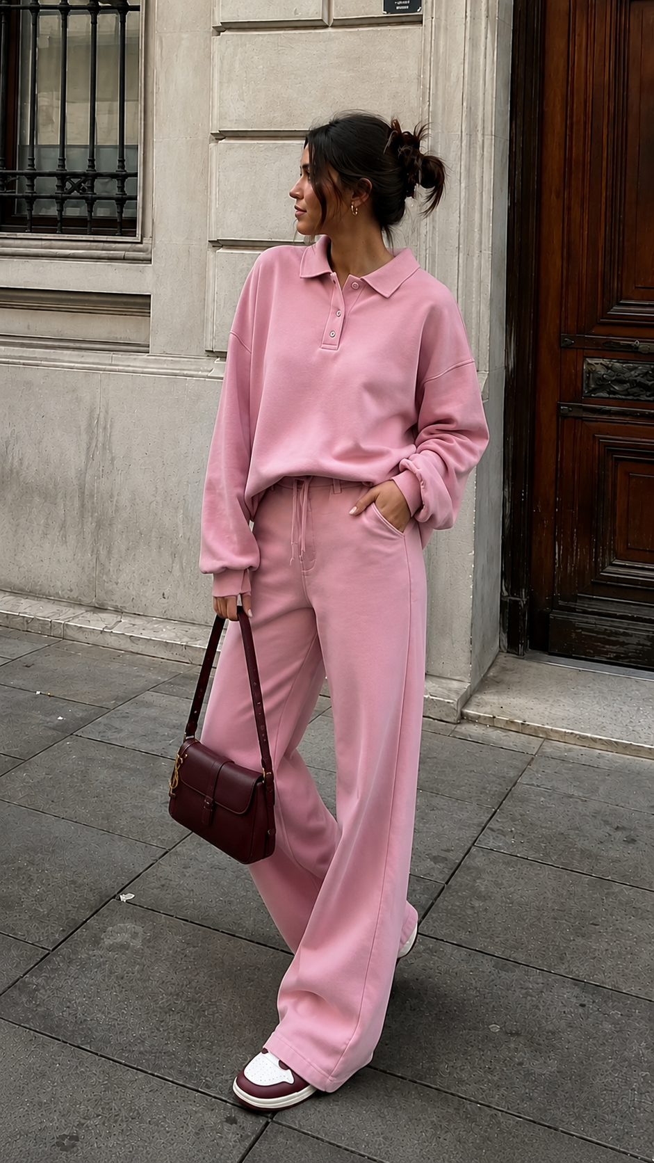Kadın Pembe Polo Yaka Oversize Sweatshirt Geniş Paça Eşofman Altı İkili Takım