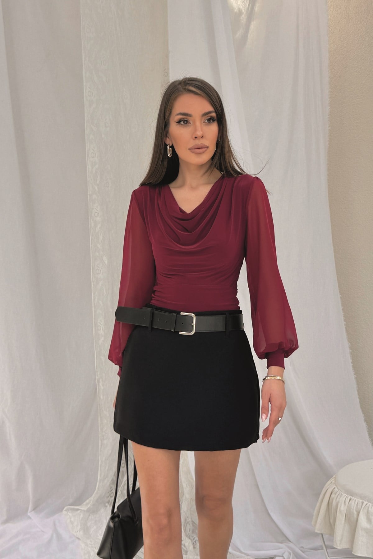 Bordo Kolları Balon Degaje Yaka Bluz