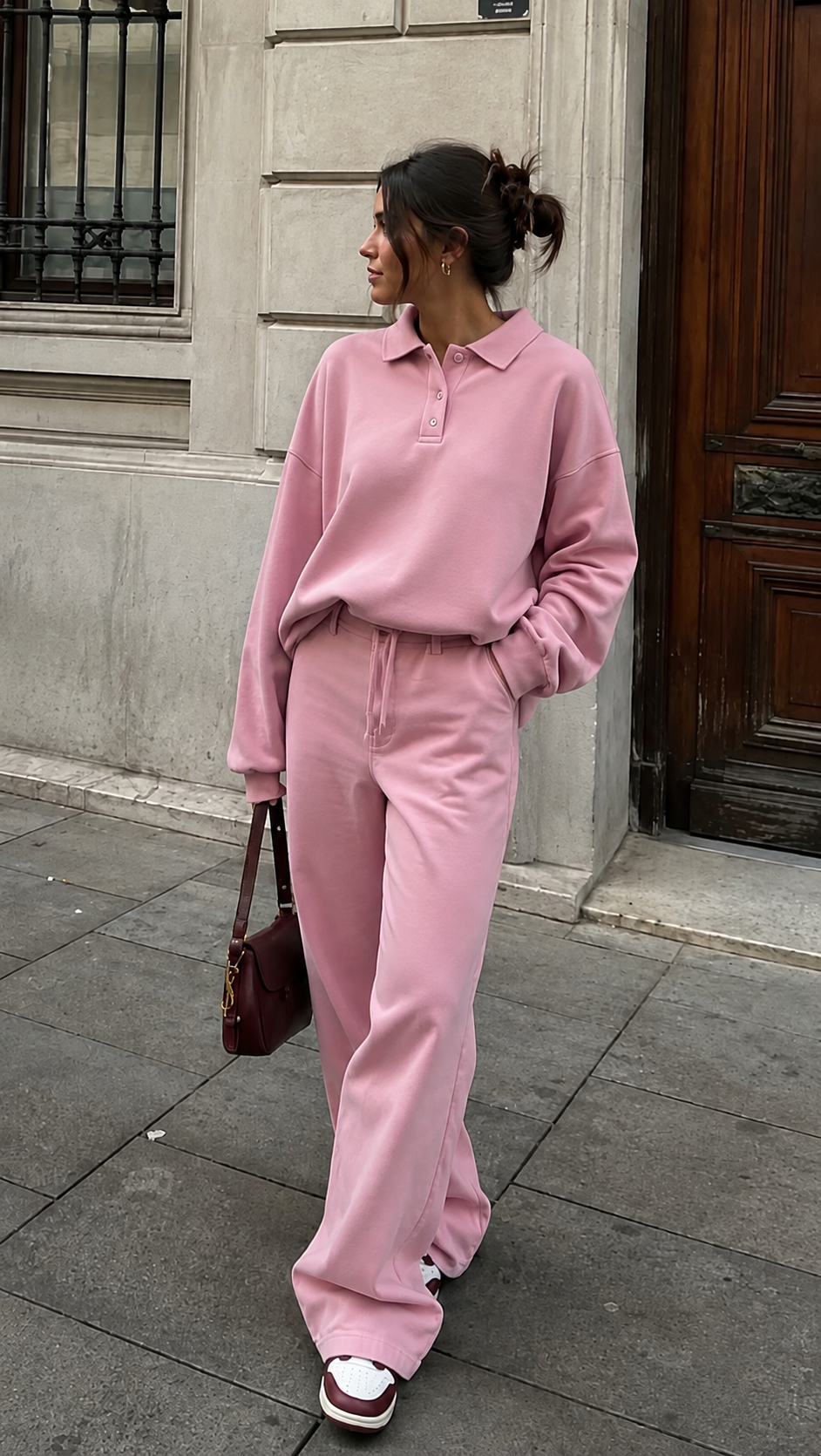 Kadın Pembe Polo Yaka Oversize Sweatshirt Geniş Paça Eşofman Altı İkili Takım