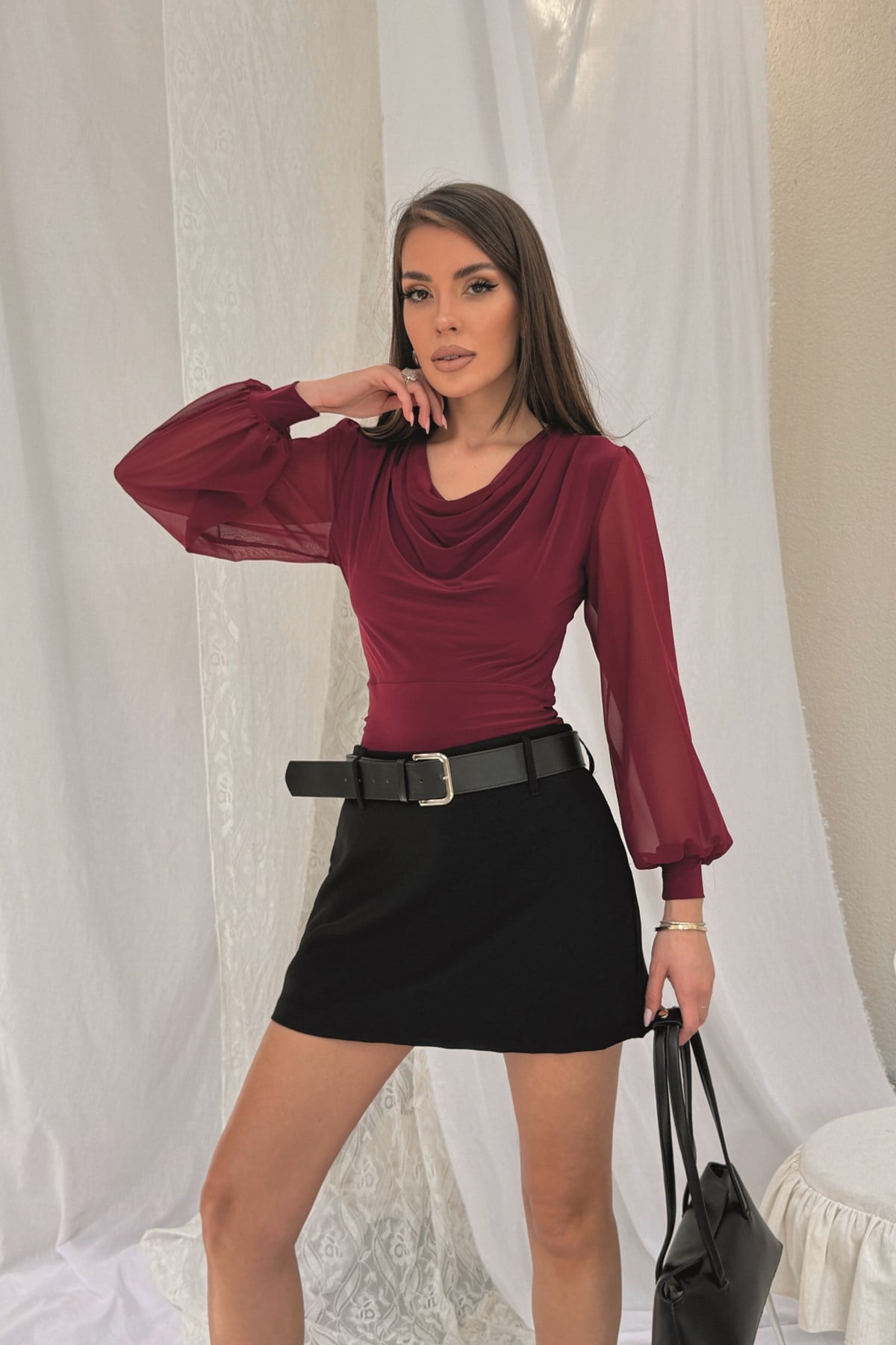 Bordo Kolları Balon Degaje Yaka Bluz