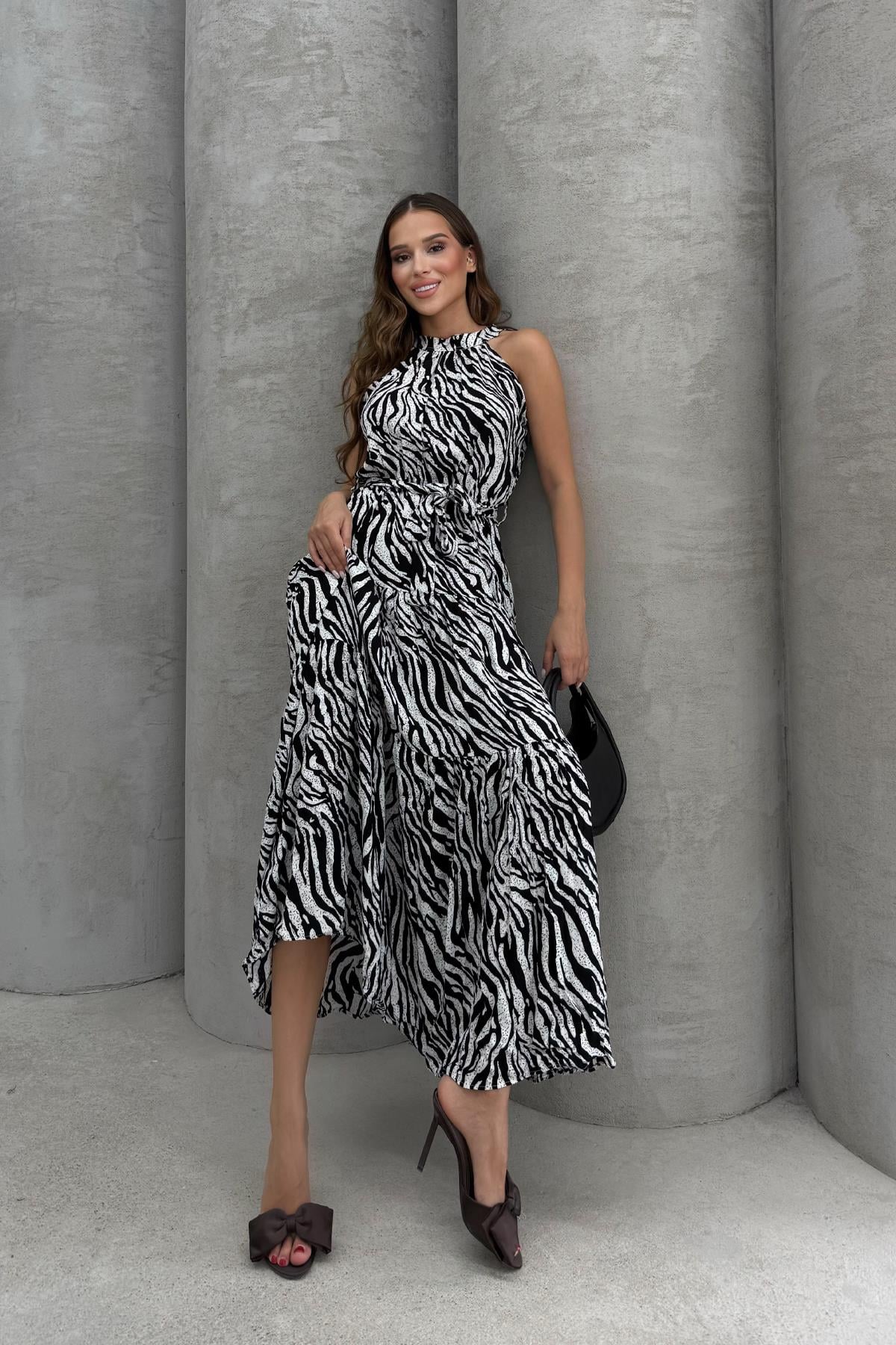 Beli Bağlama Detaylı Desenli Elbise Siyah