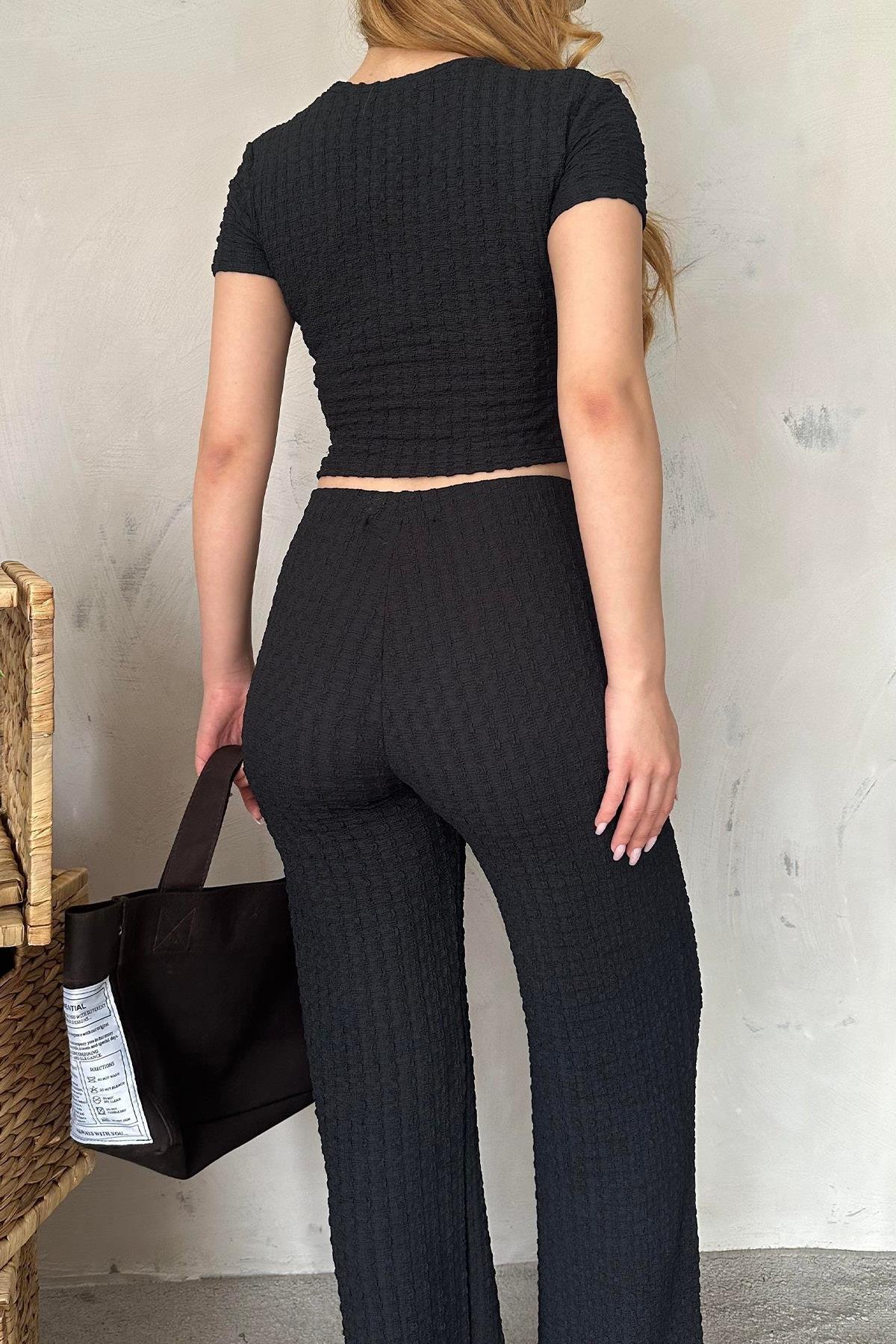 Gofreli Crop Asimetrik Kesim Triko Takım Siyah
