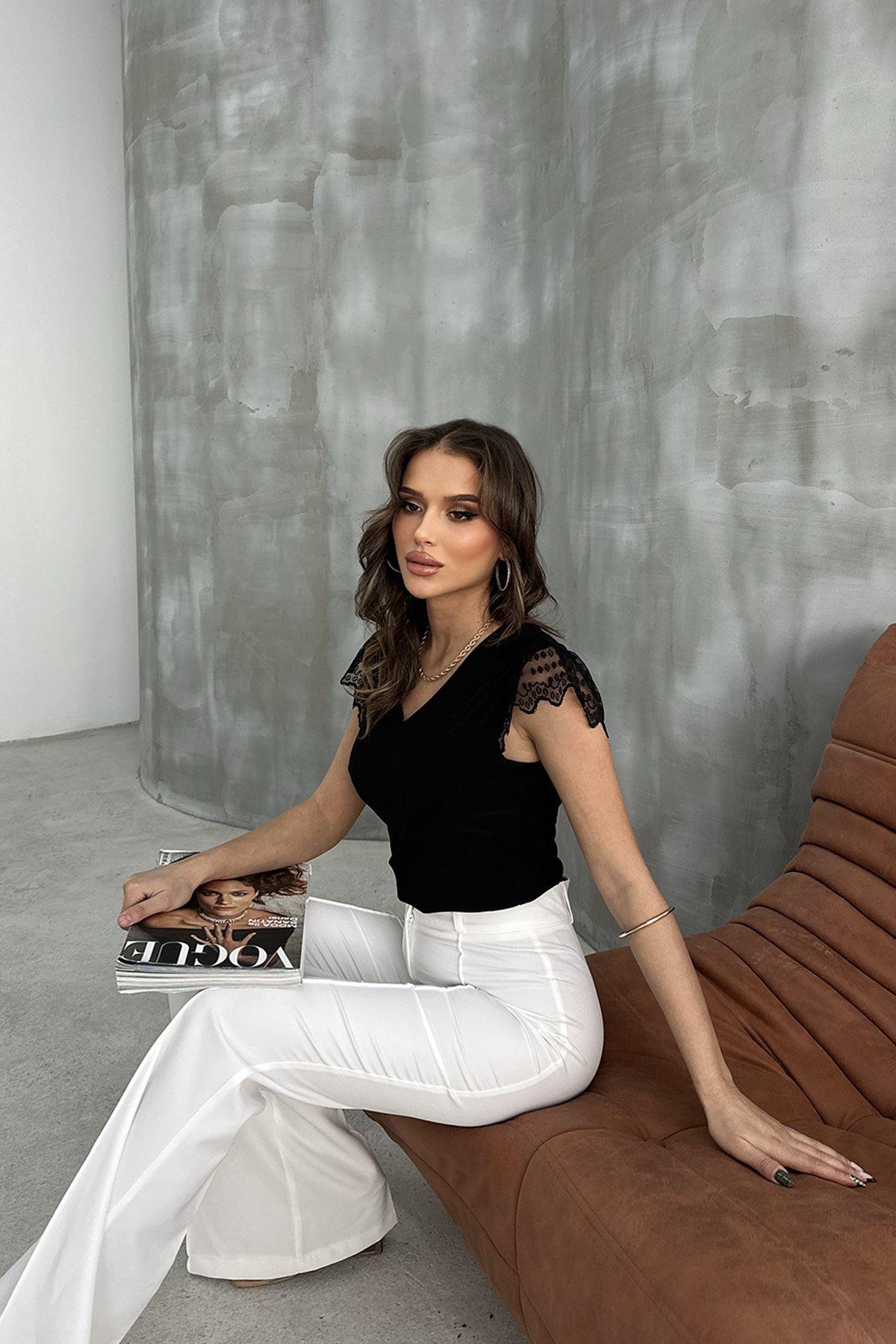 Kadın Kolları Dantel Detay V Yaka Bluz