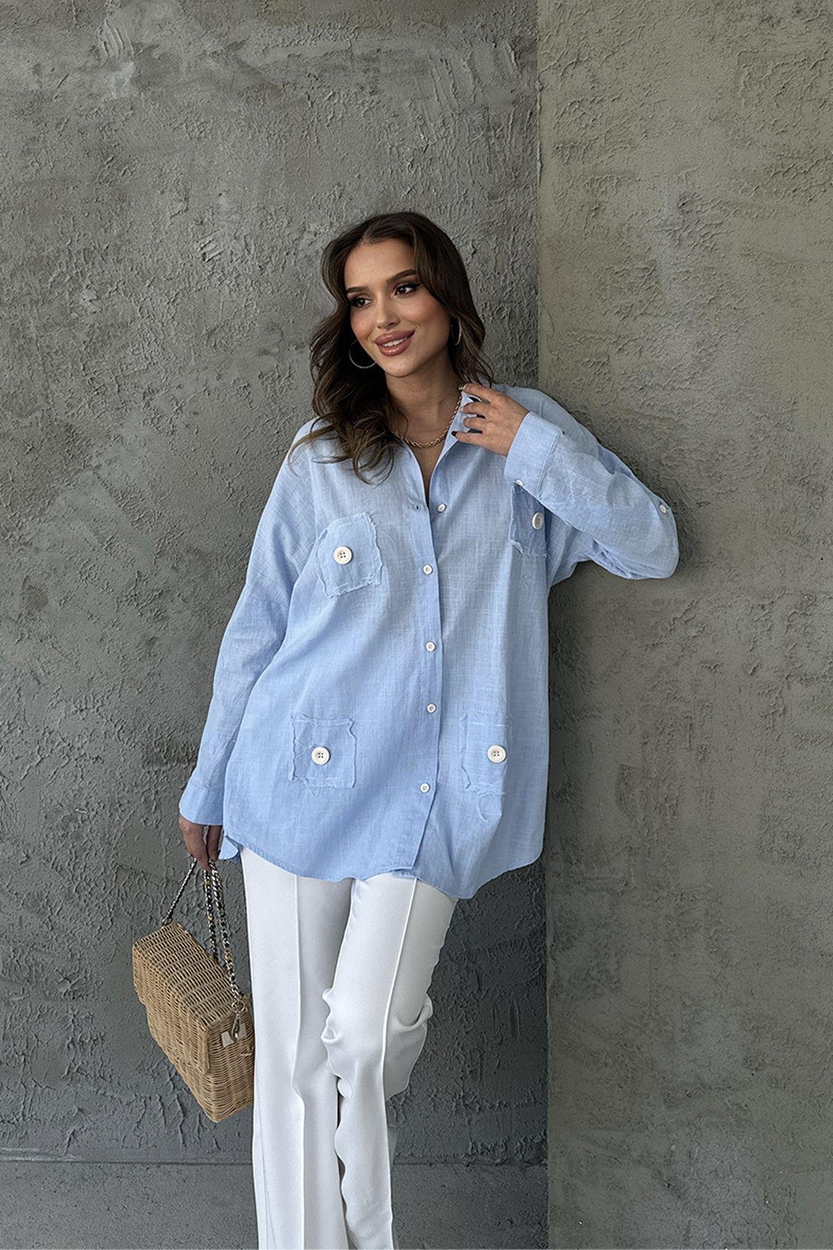 Kadın Düğme Aksesuar Detay Keten Gömlek