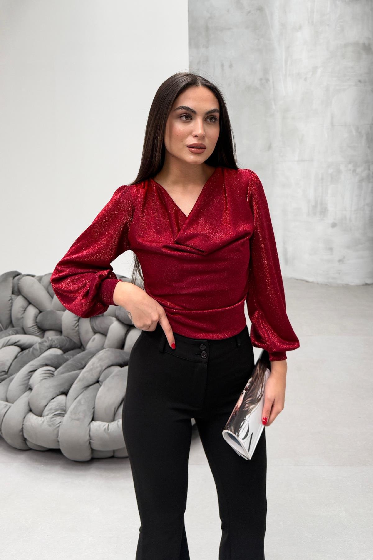 Degaje Yaka Simli Bluz Bordo