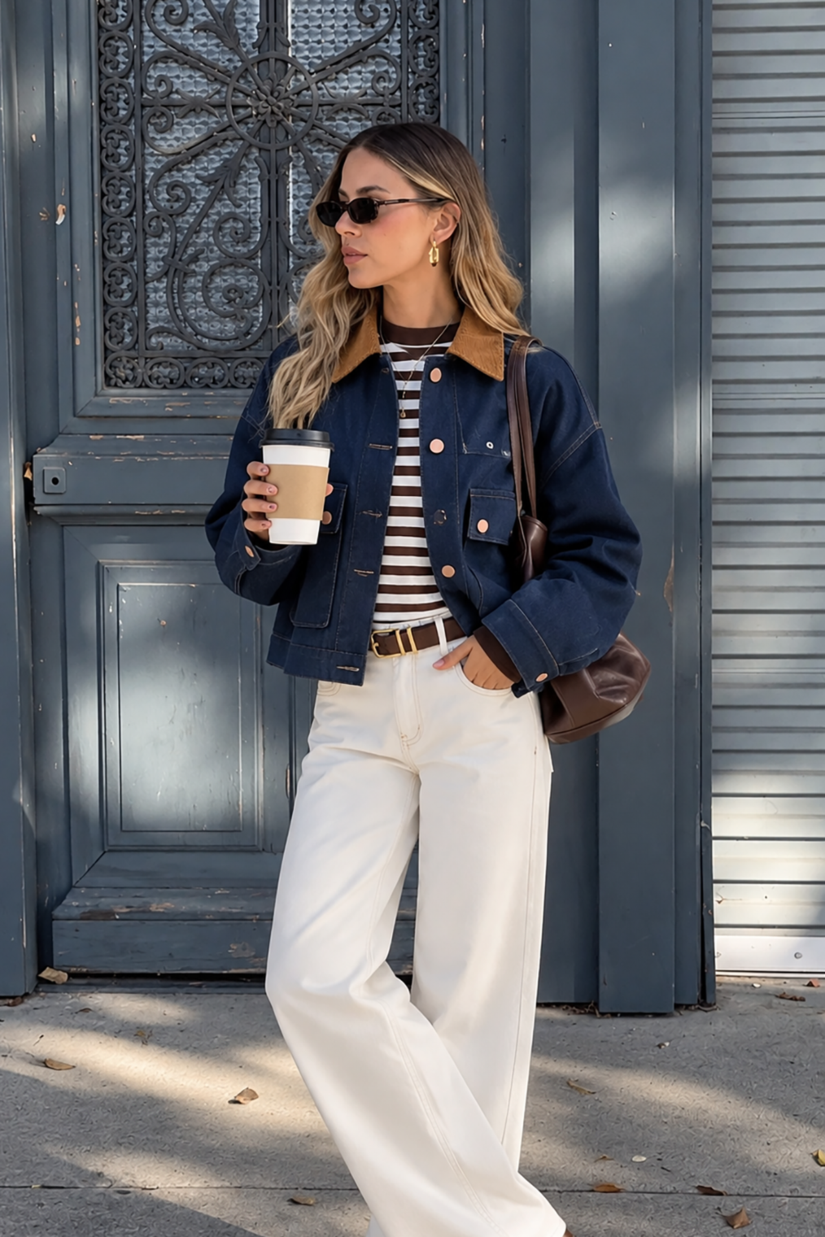 Kadın Kahverengi Kadife Yaka Kısa Denim Ceket Çift Cepli Oversize Jean Ceket 
