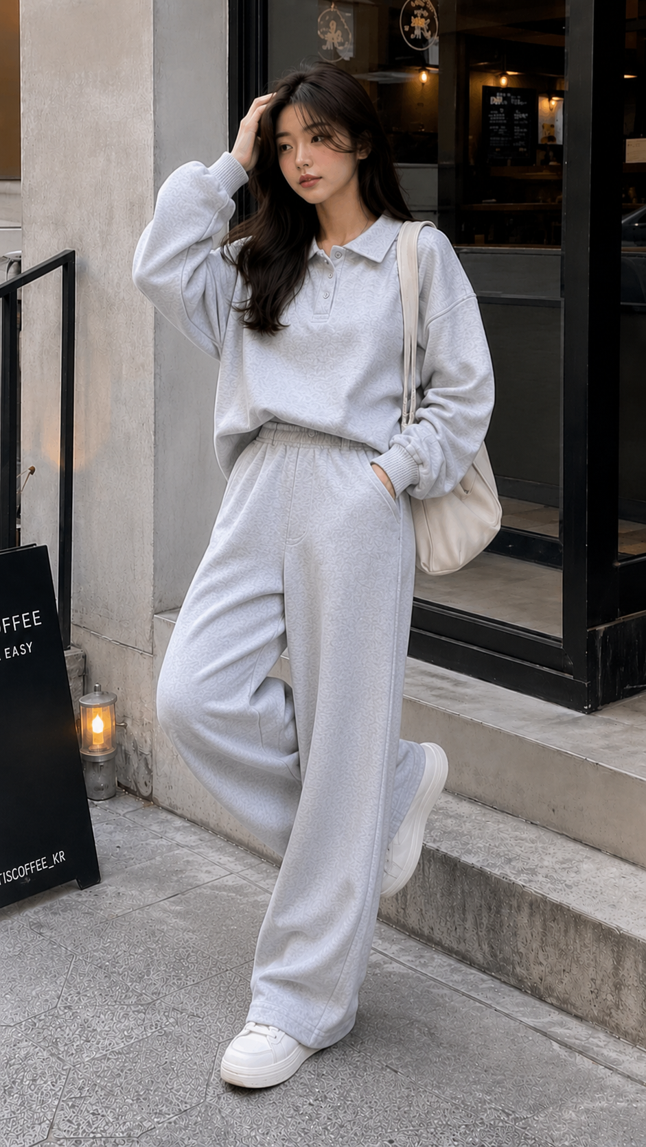 Kadın Gri Polo Yaka Oversize Sweatshirt Geniş Paça Eşofman Altı İkili Takım