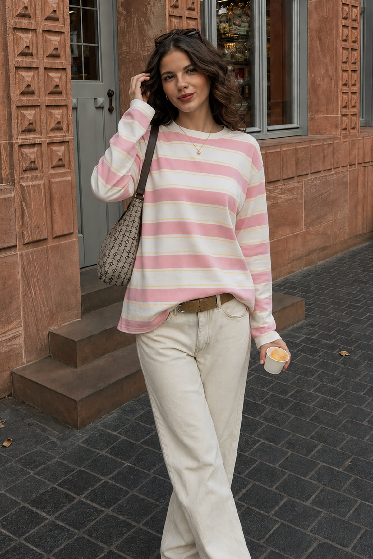 Kadın Pembe Ekru Çizgili Oversize Bisiklet Yaka Uzun Kollu Tişört RB005