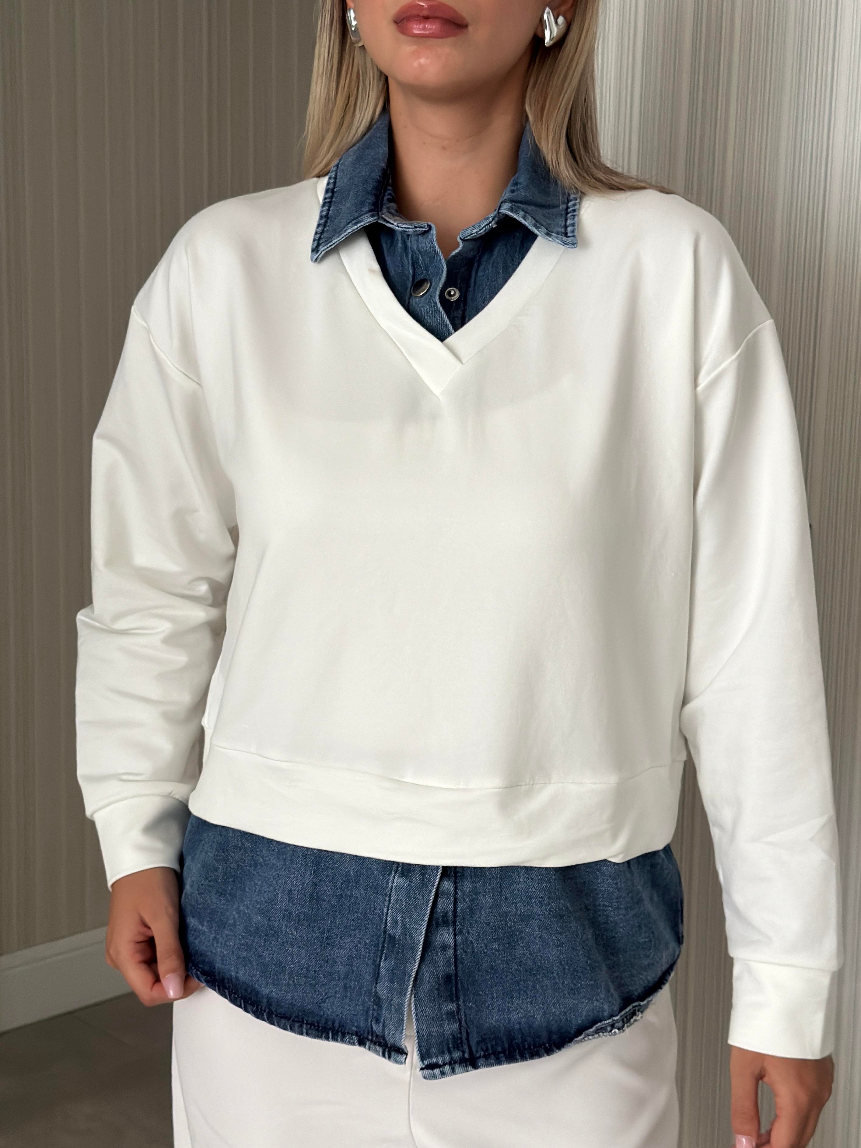 Kadın Gömlek Detaylı Sweatshirt Ekru