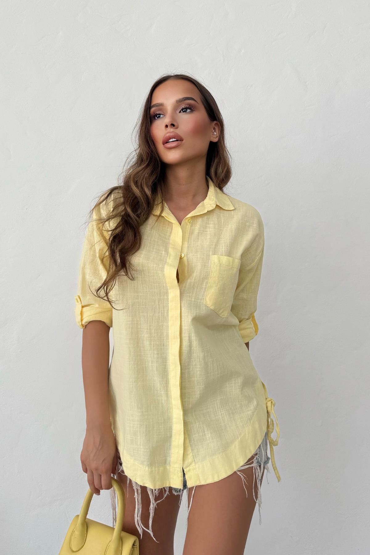Kadın Yandan Bağcıklı Tek Cepli Gömlek Sarı