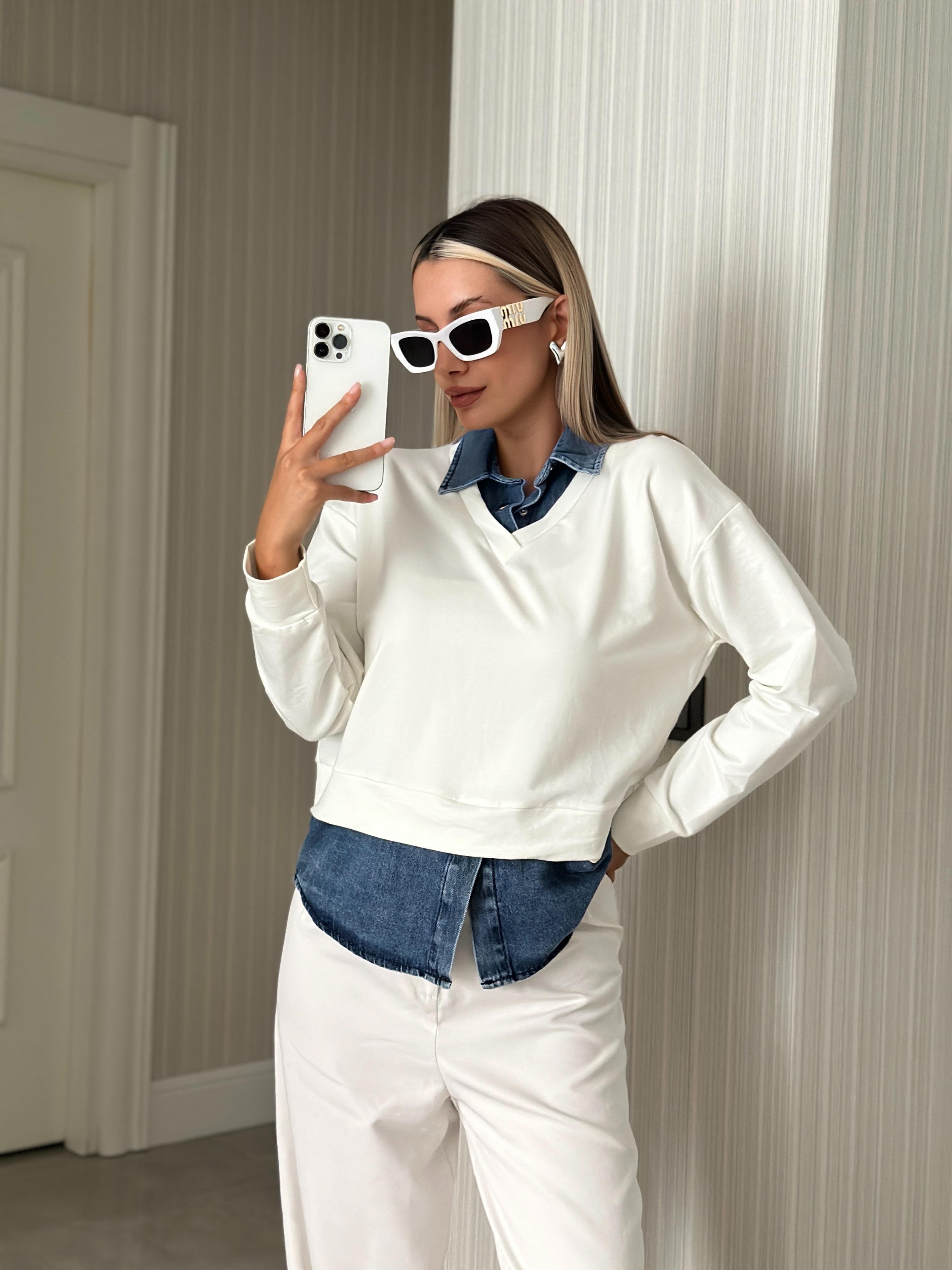 Kadın Gömlek Detaylı Sweatshirt Ekru