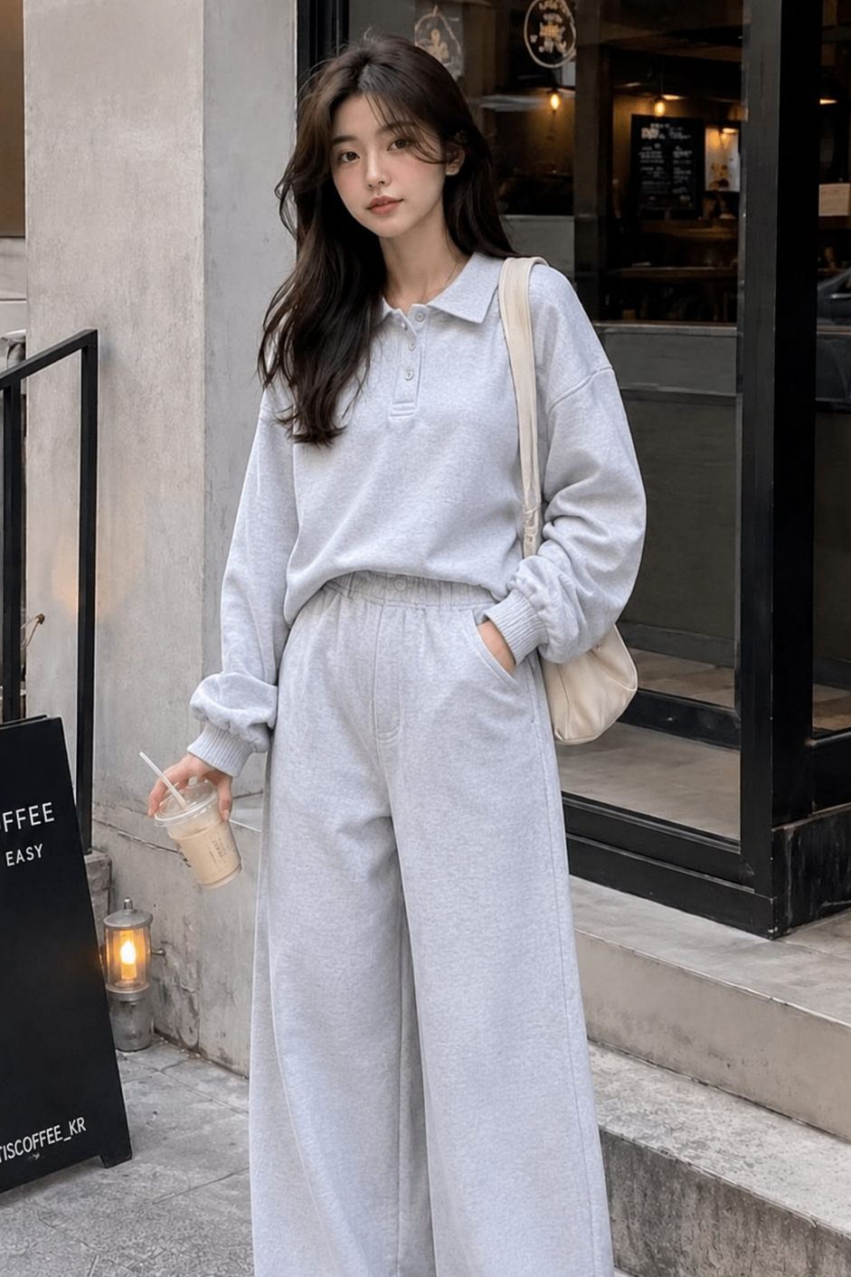 Kadın Gri Polo Yaka Oversize Sweatshirt Geniş Paça Eşofman Altı İkili Takım