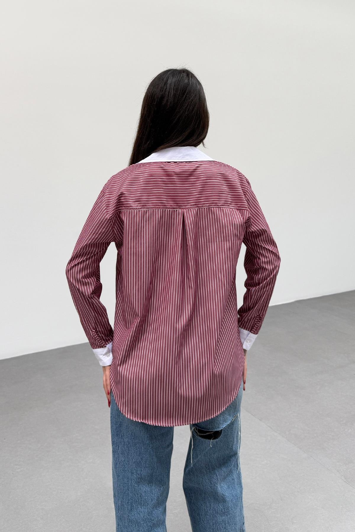 Floto Cep Detaylı Çizgili Gömlek Bordo