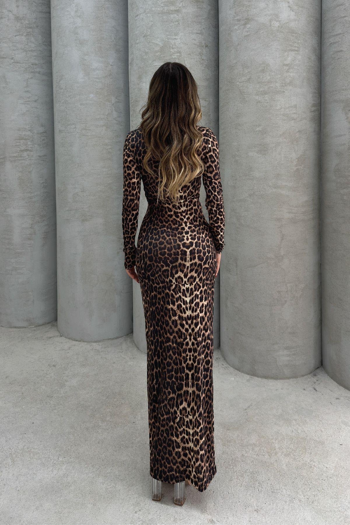 Kadın Balıkçı Yaka Leopar Desenli Uzun Kollu Elbise