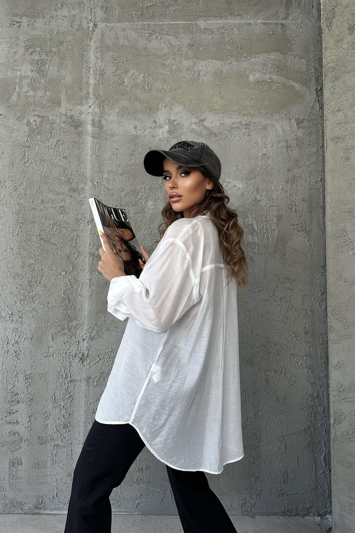 Kadın Oversize Kolları Katalama Detaylı Gömlek