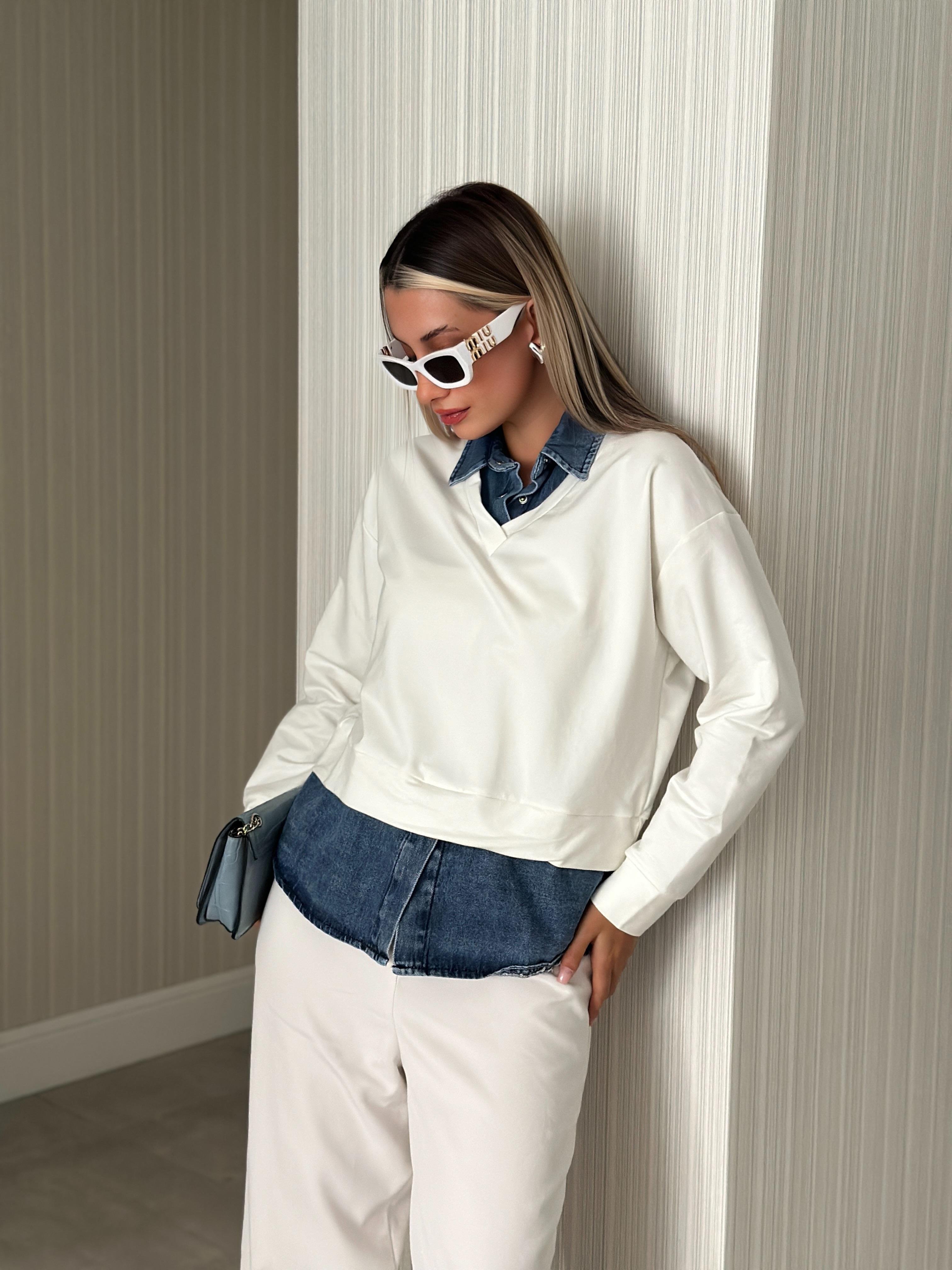 Kadın Gömlek Detaylı Sweatshirt Ekru