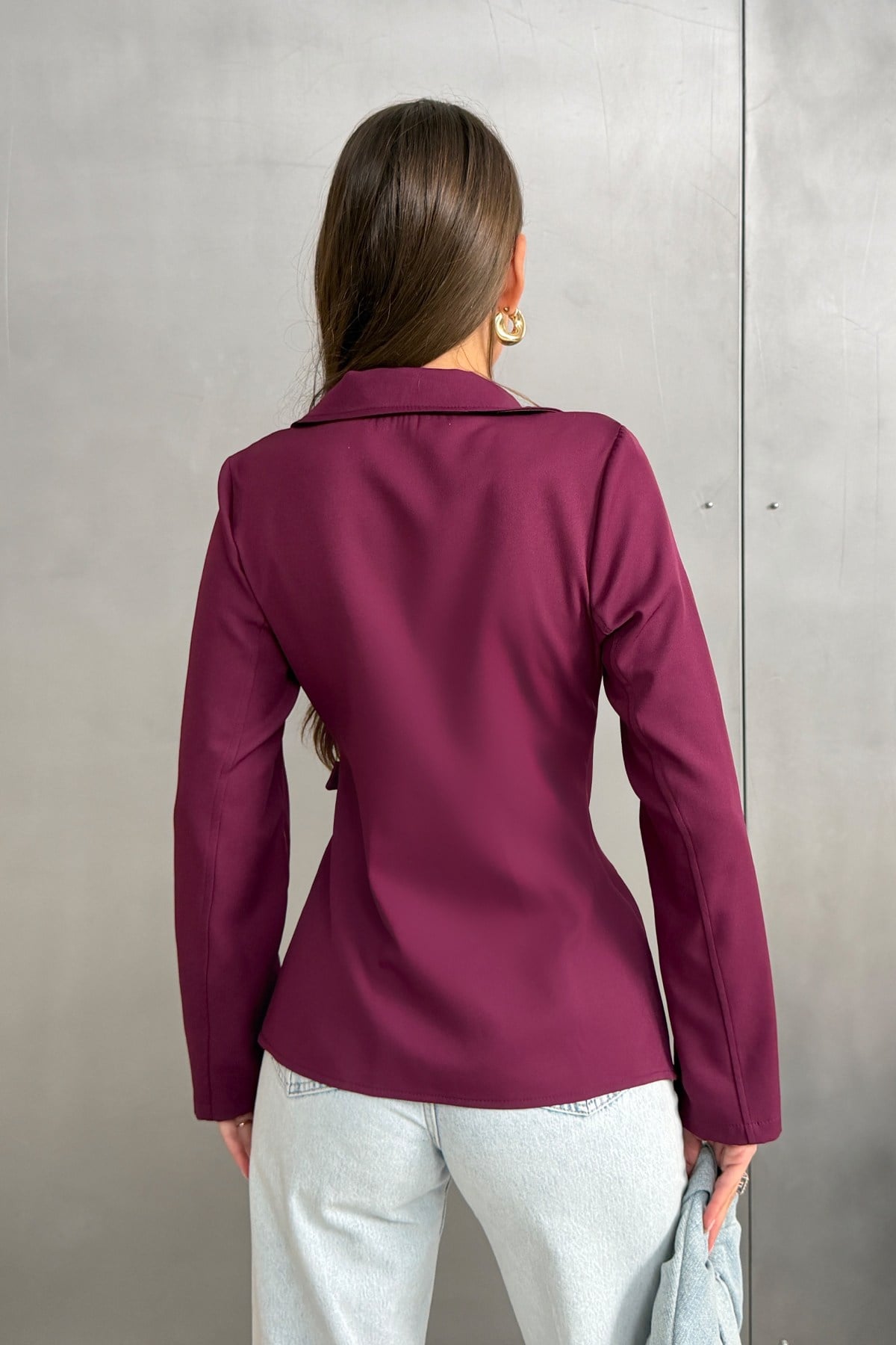 Kadın Mürdüm Blazer Yaka Kemer Tokalı Pileli Bluz
