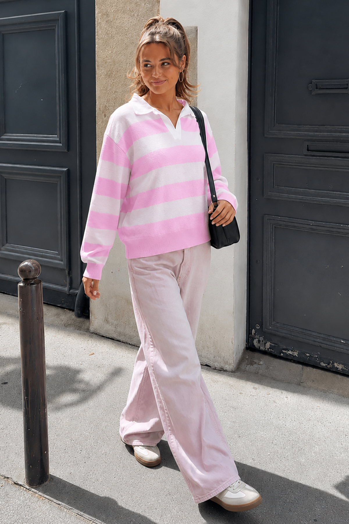 Kadın Pembe Ekru Çizgili Polo Yaka Oversize Triko Kazak Rb007