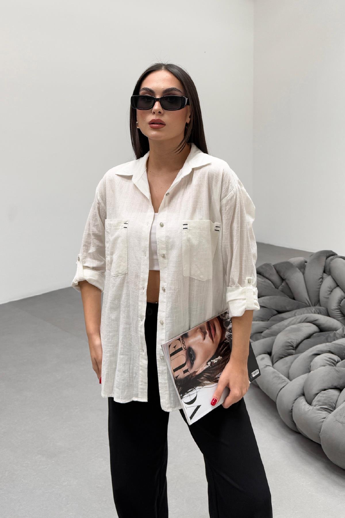 Çift Cepli Keten Gömlek Beyaz