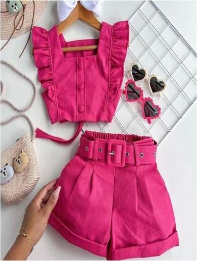 İPEKKİDS KIZ ÇOCUK KEMERLİ ŞORT BLUZ KOMBİN PEMBE