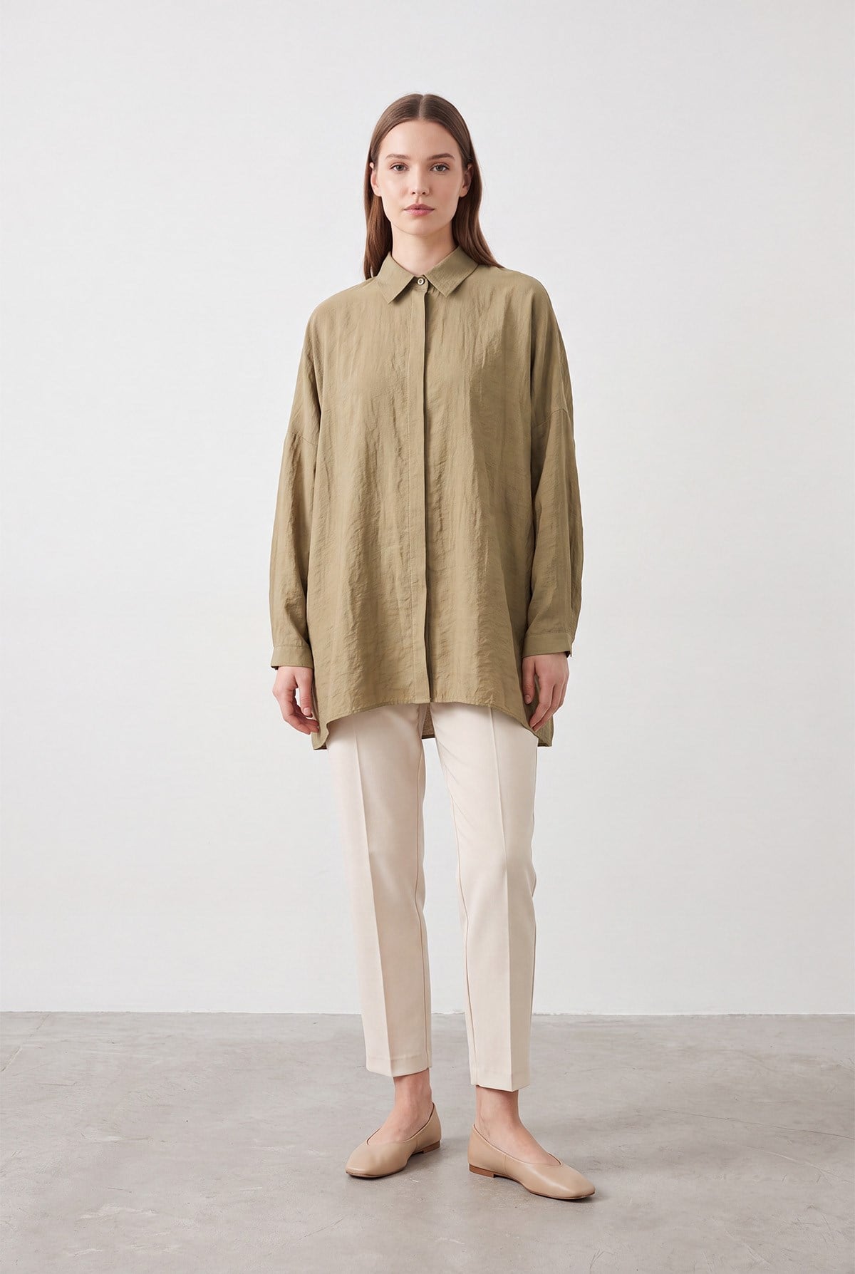 Basic Oversize Gömlek Zeytin Yeşili Gömlek Puane 