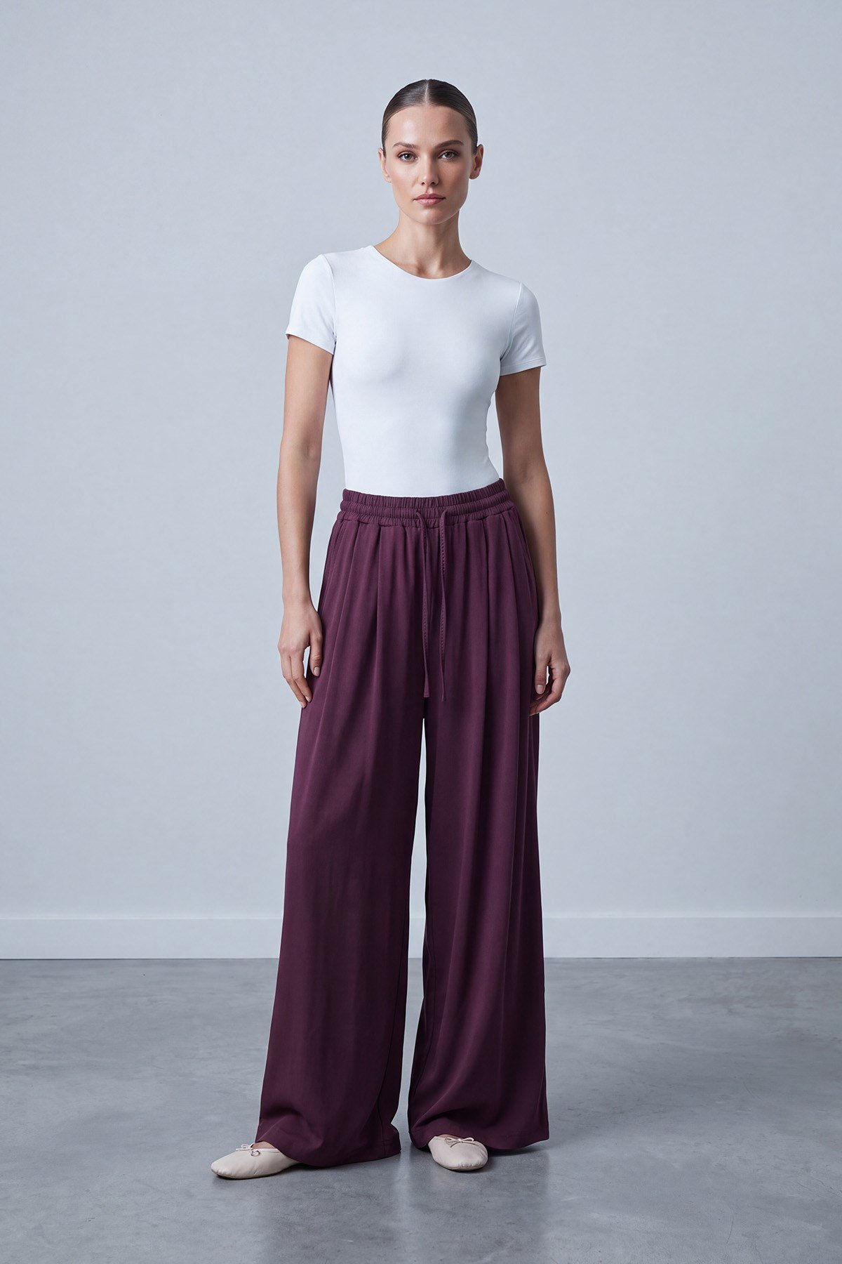 Bel Bağcıklı Bol Paça Modal Pantolon Mürdüm Pantolon Soul 