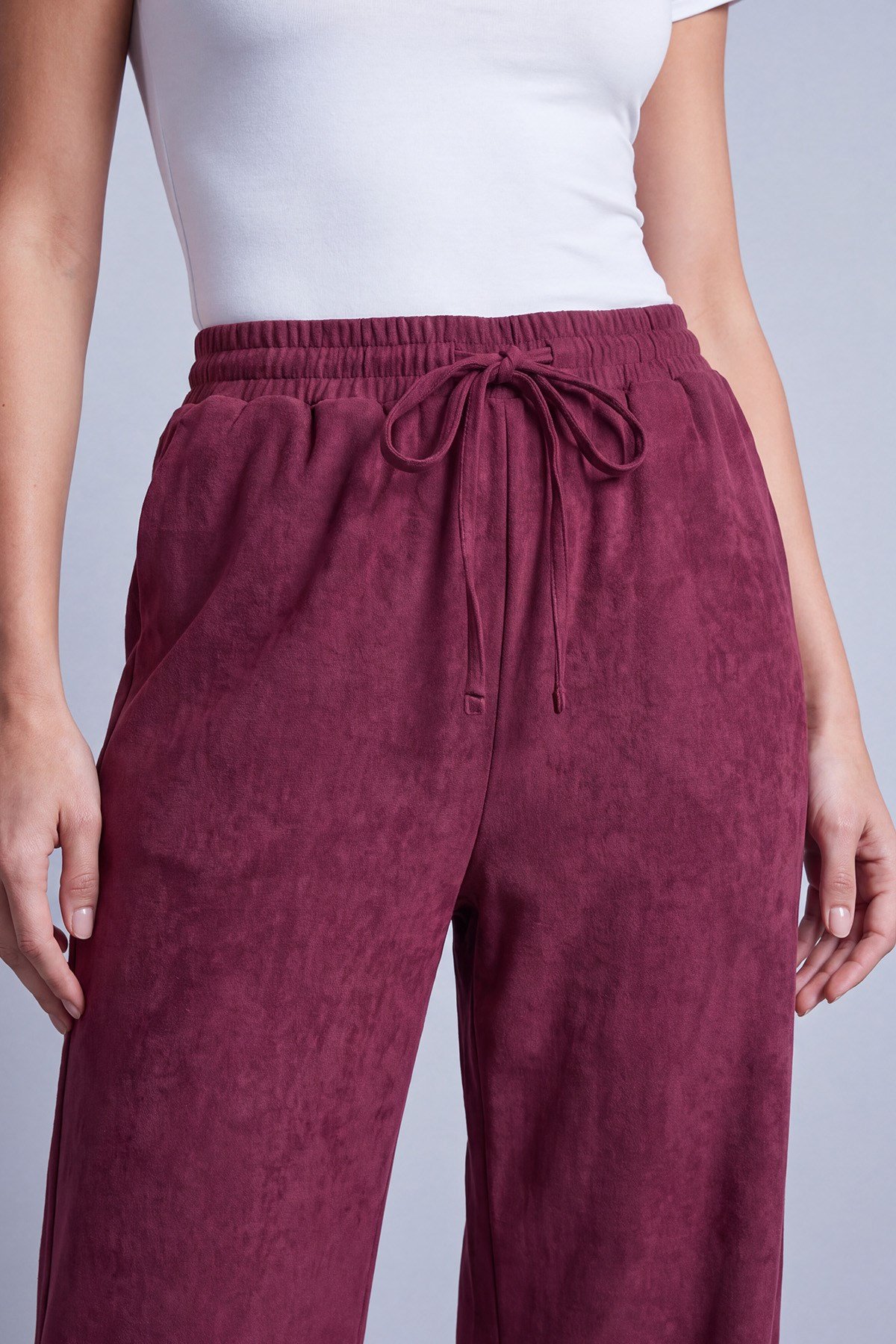 Bel Bağcıklı Bol Paça Süet Pantolon Mürdüm Pantolon Puane 