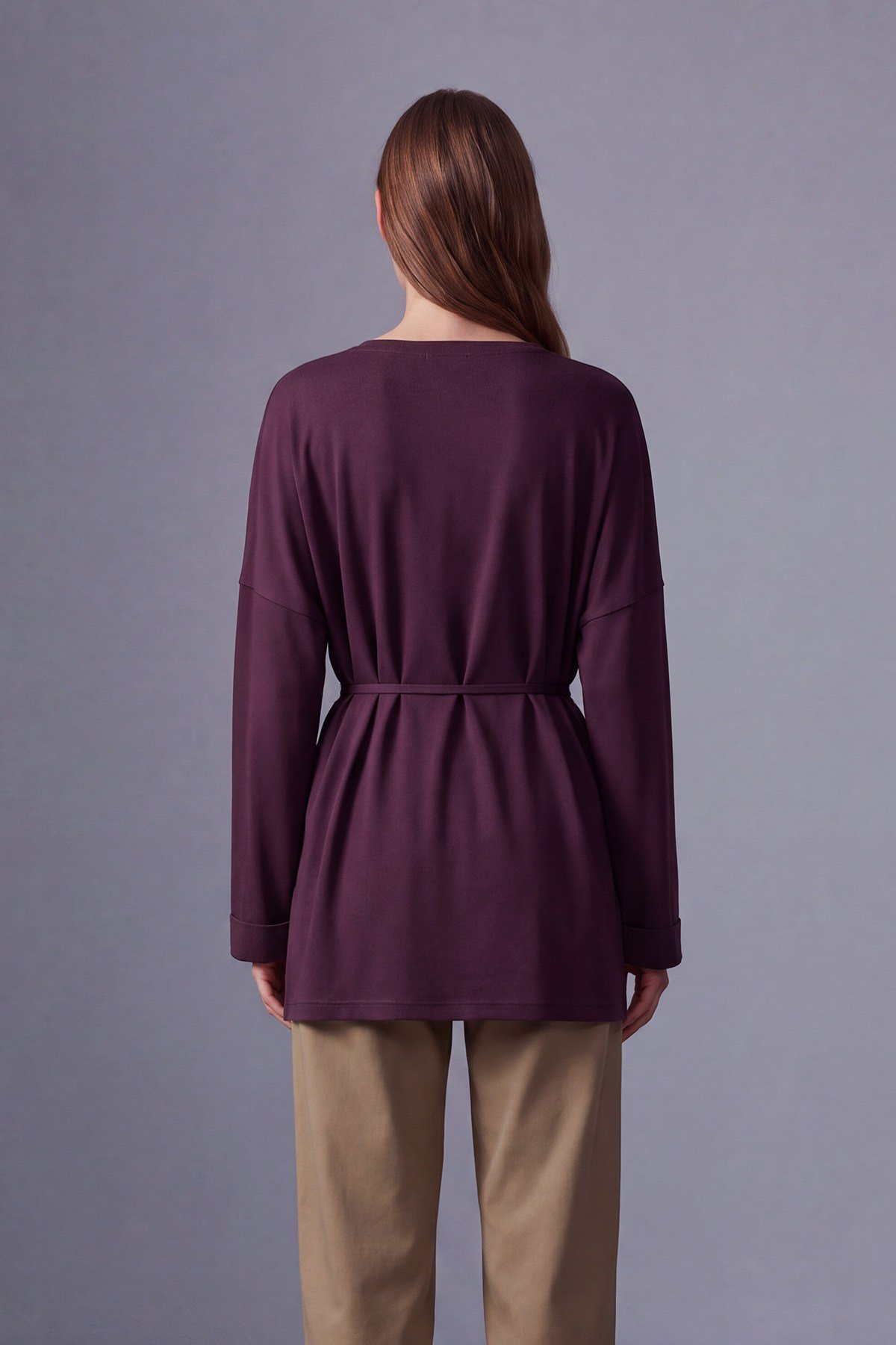 Beli Bağlamalı Ara Boy Penye Tunik Mürdüm Tunik Loreen 